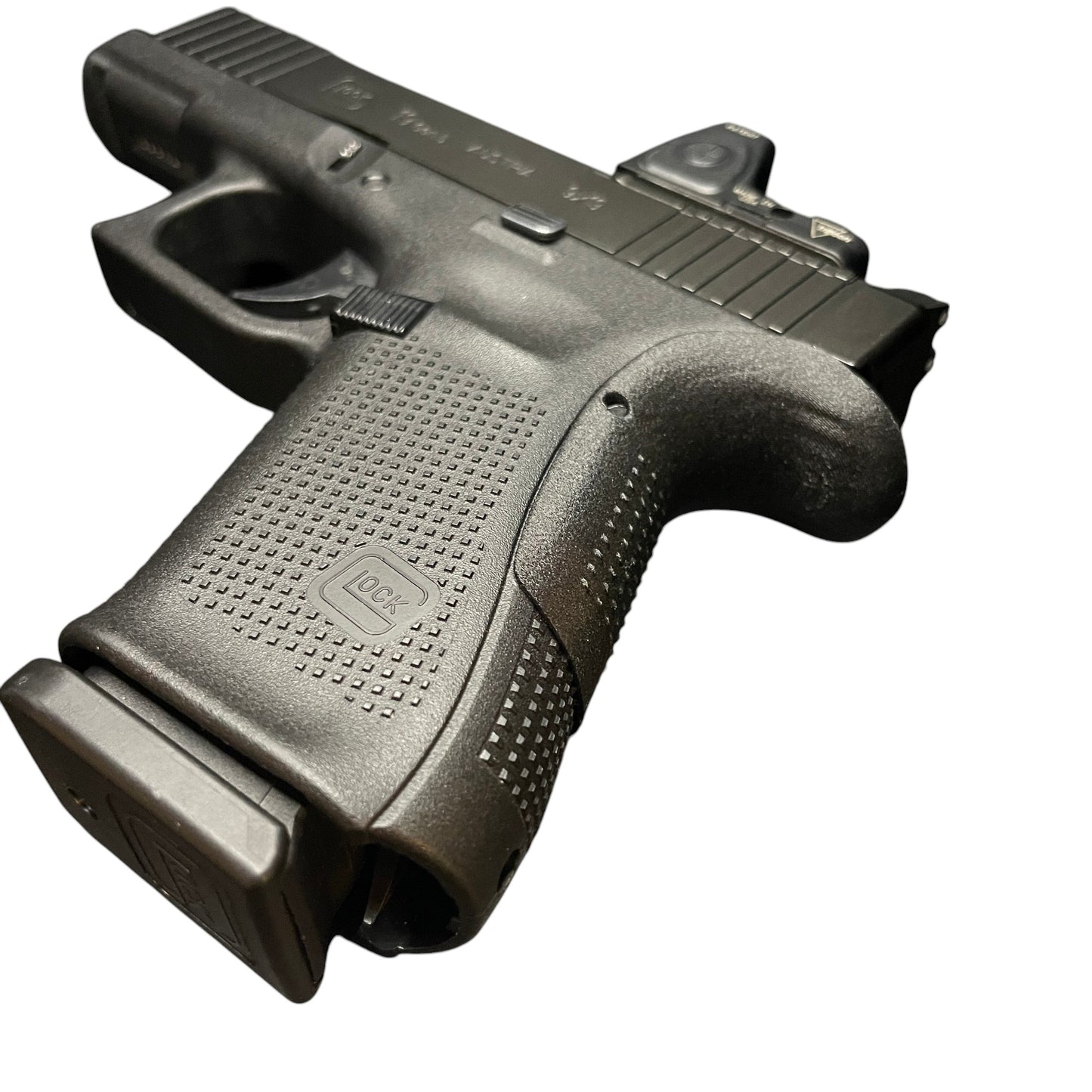 Rapid Engineering Inc. backstrap beavertail grips for Glock 19, 23, 44, & 49 Gen 4 & 5, angled view showing improved grip angle for better control.