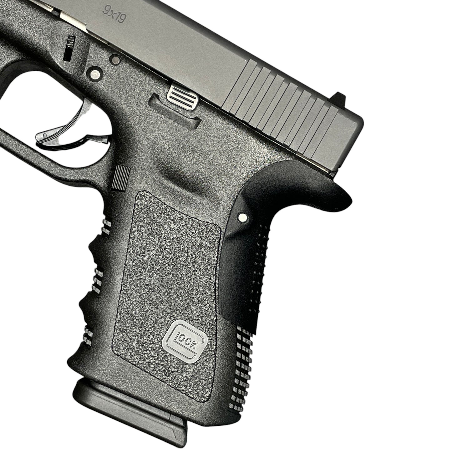 Rapid Engineering Inc. backstrap beavertail grips for Glock 19 Gen 3, side view showing improved grip angle for enhanced control.