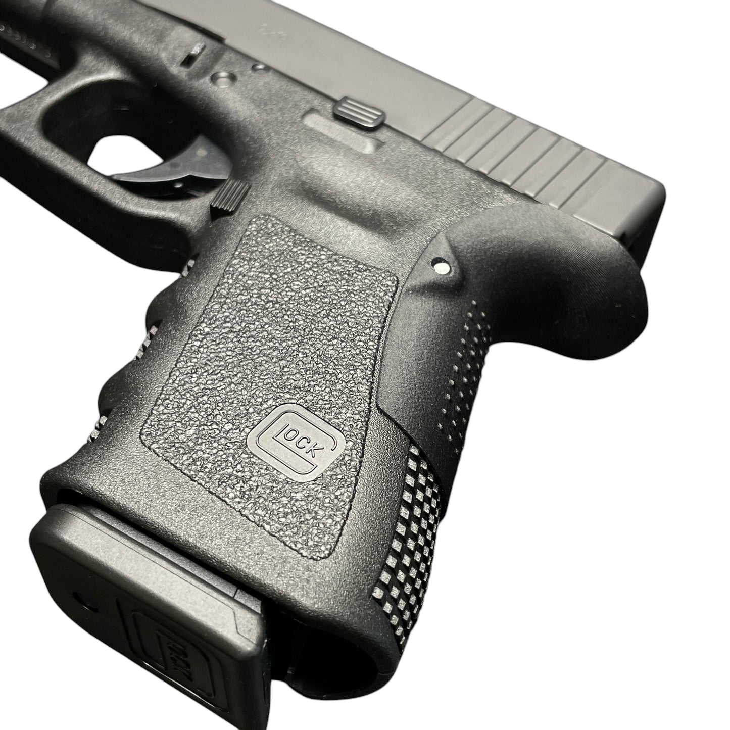 Rapid Engineering Inc. backstrap beavertail grips for Glock 19 Gen 3, angled view showing improved grip angle for enhanced control.