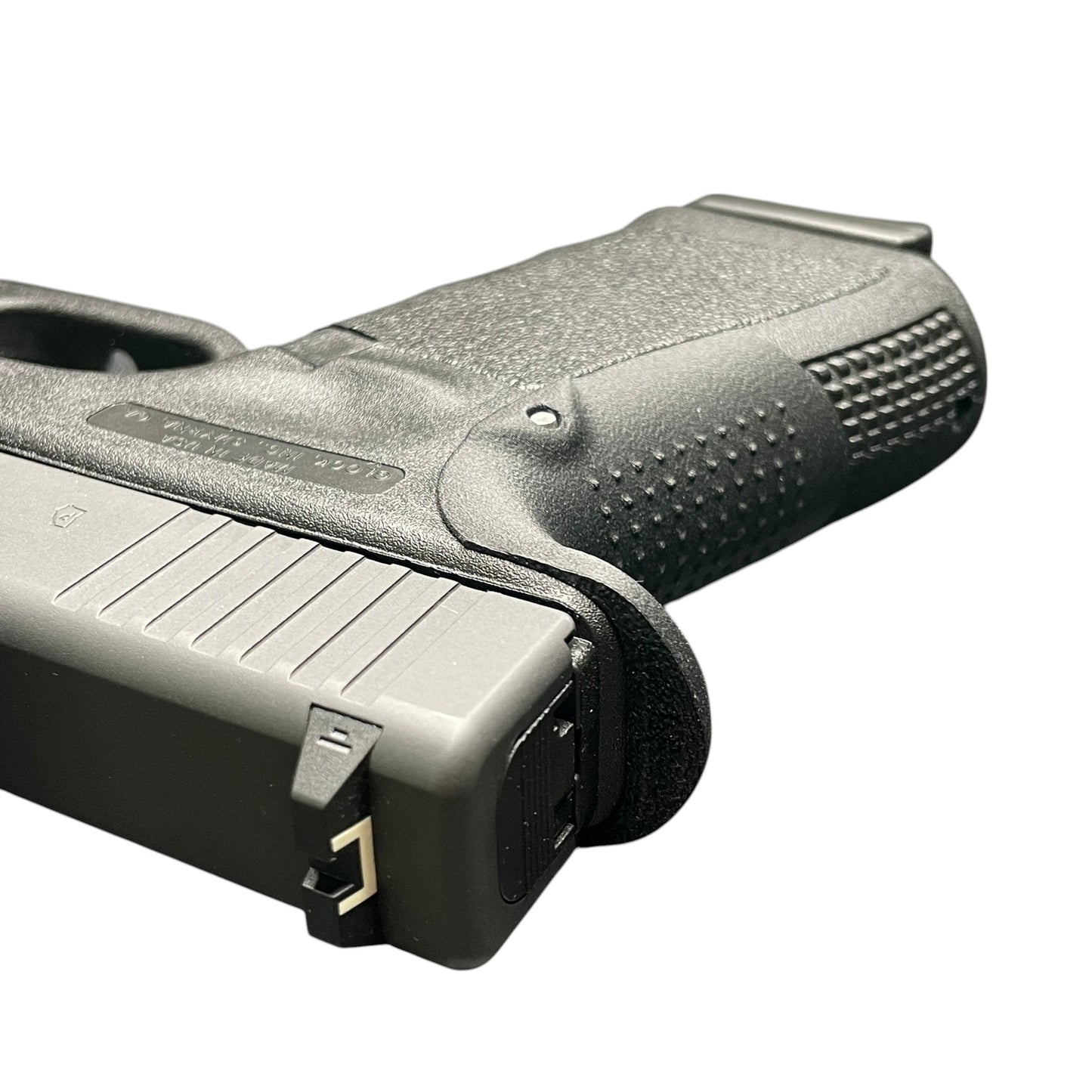 Rapid Engineering Inc. backstrap beavertail grip for Glock 19 Gen 3, top view showing beavertail that eliminates slide bite.