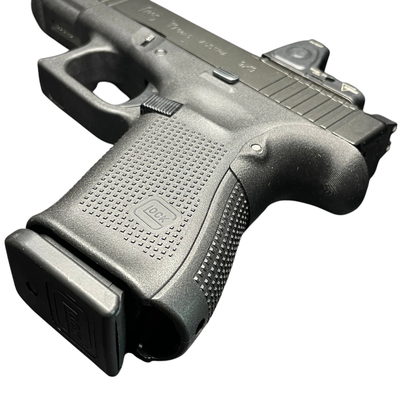 Rapid Engineering Inc. chopped backstrap beavertail grip for Glock 19, 23, 44, & 49 Gen 4 & 5, angled view showing improved grip angle for better control.