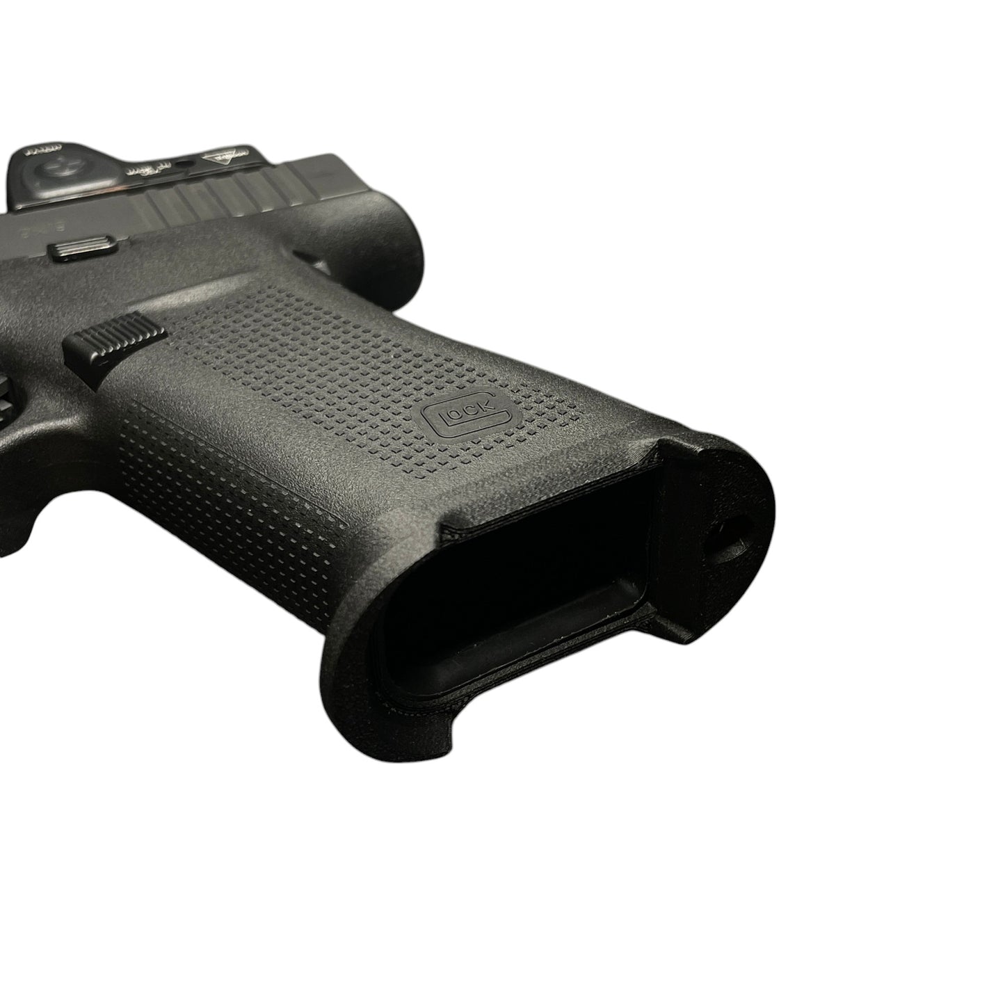Rapid Engineering Inc. magwell for Glock 43X & 48, angled close-up showing fit on frame.