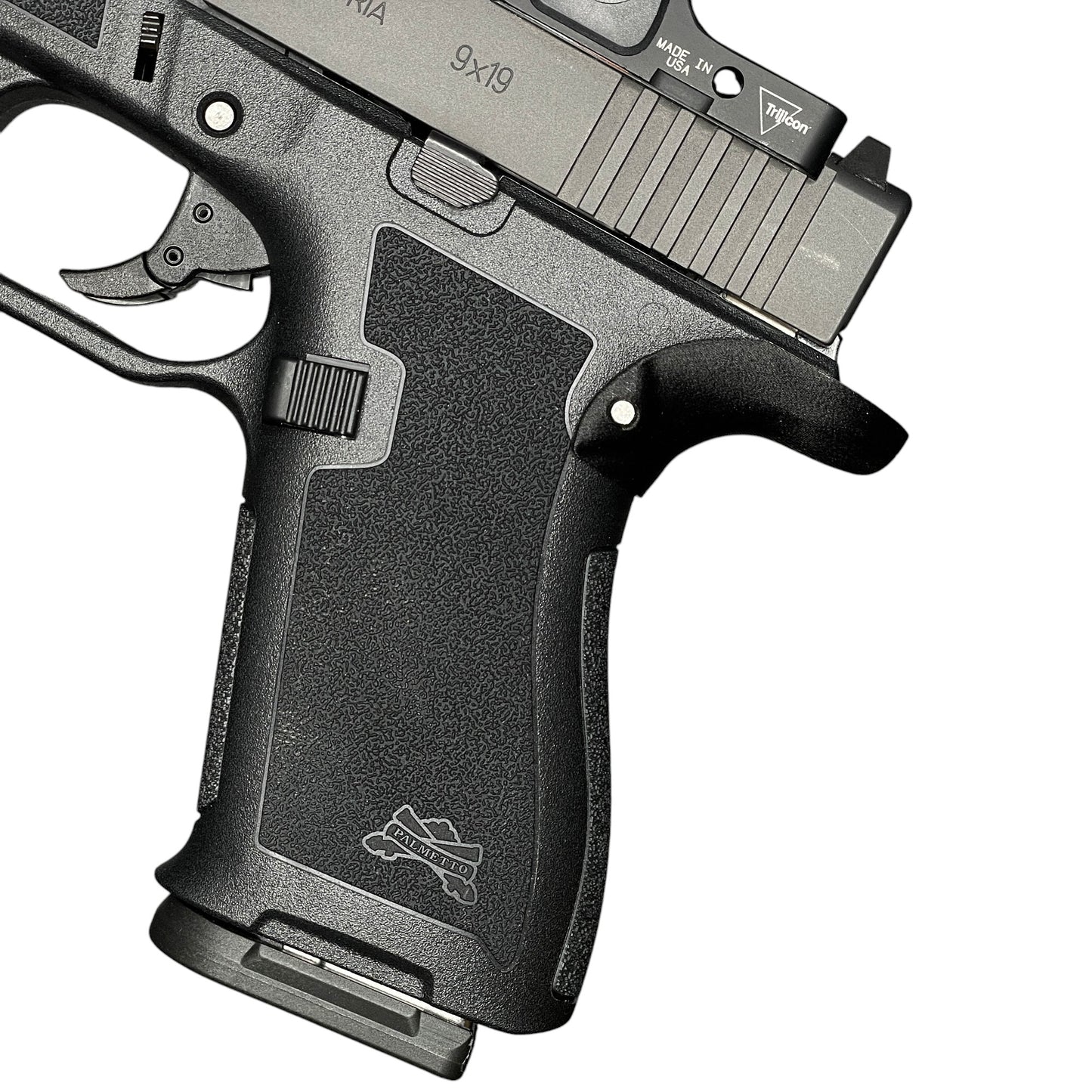 Rapid Engineering Inc. chopped backstrap beavertail grip for Palmetto State Armory PSA Micro Dagger, side view showing improved grip angle