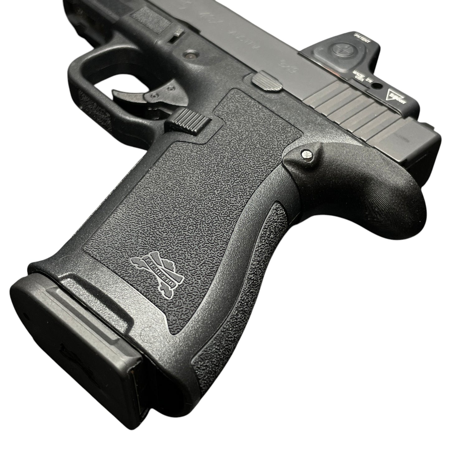 Rapid Engineering Inc. chopped backstrap beavertail grip for Palmetto State Armory PSA Micro Dagger, angled view showing improved grip angle