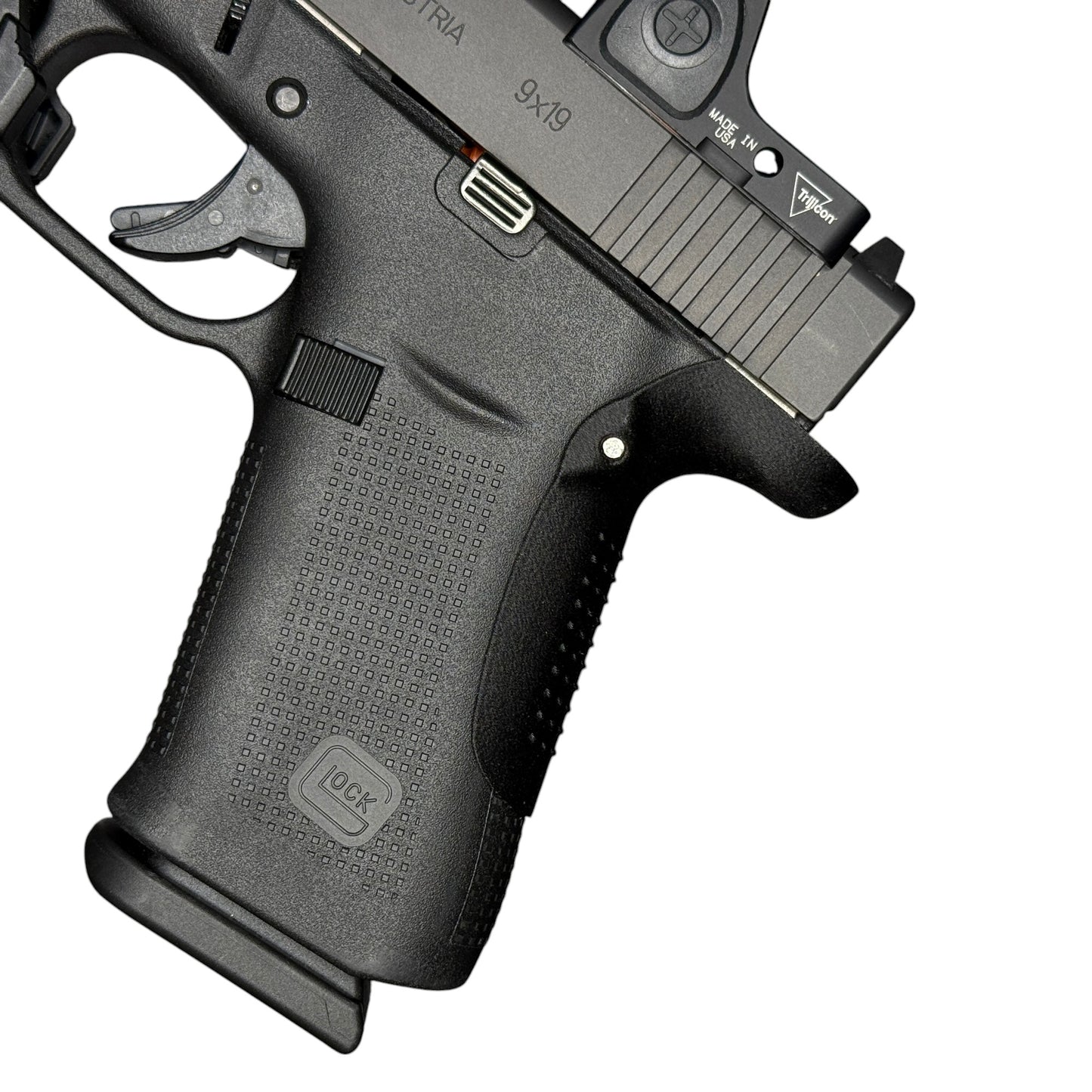 Rapid Engineering Inc. small backstrap beavertail grip for Glock 43X & 48, side view showing improved grip angle for better control