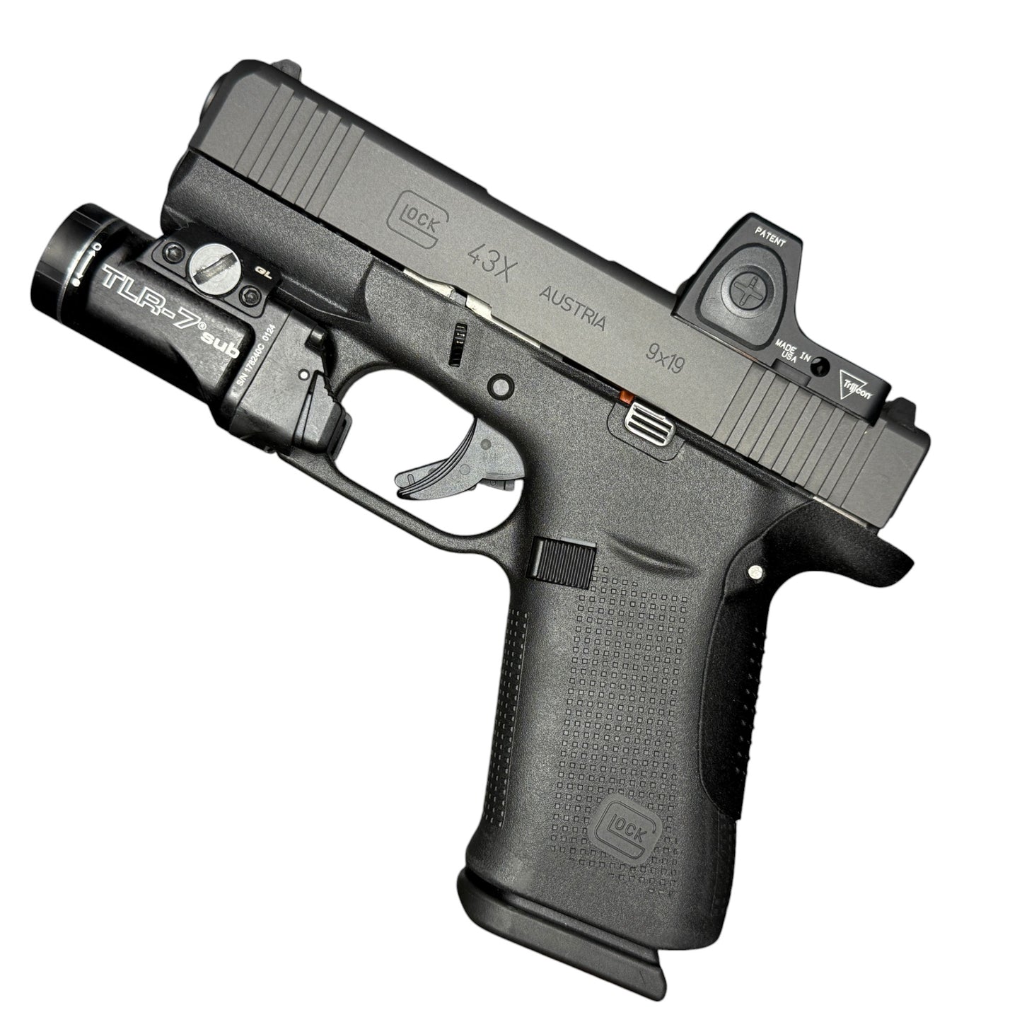 Rapid Engineering Inc. small backstrap beavertail grip for Glock 43X & 48, full view showing improved grip angle for better control