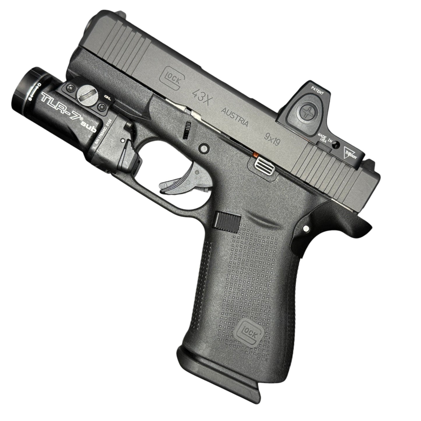 Rapid Engineering Inc. chopped backstrap beavertail grip for Glock 43X & 48, full view showing beavertail that eliminates slide bite.