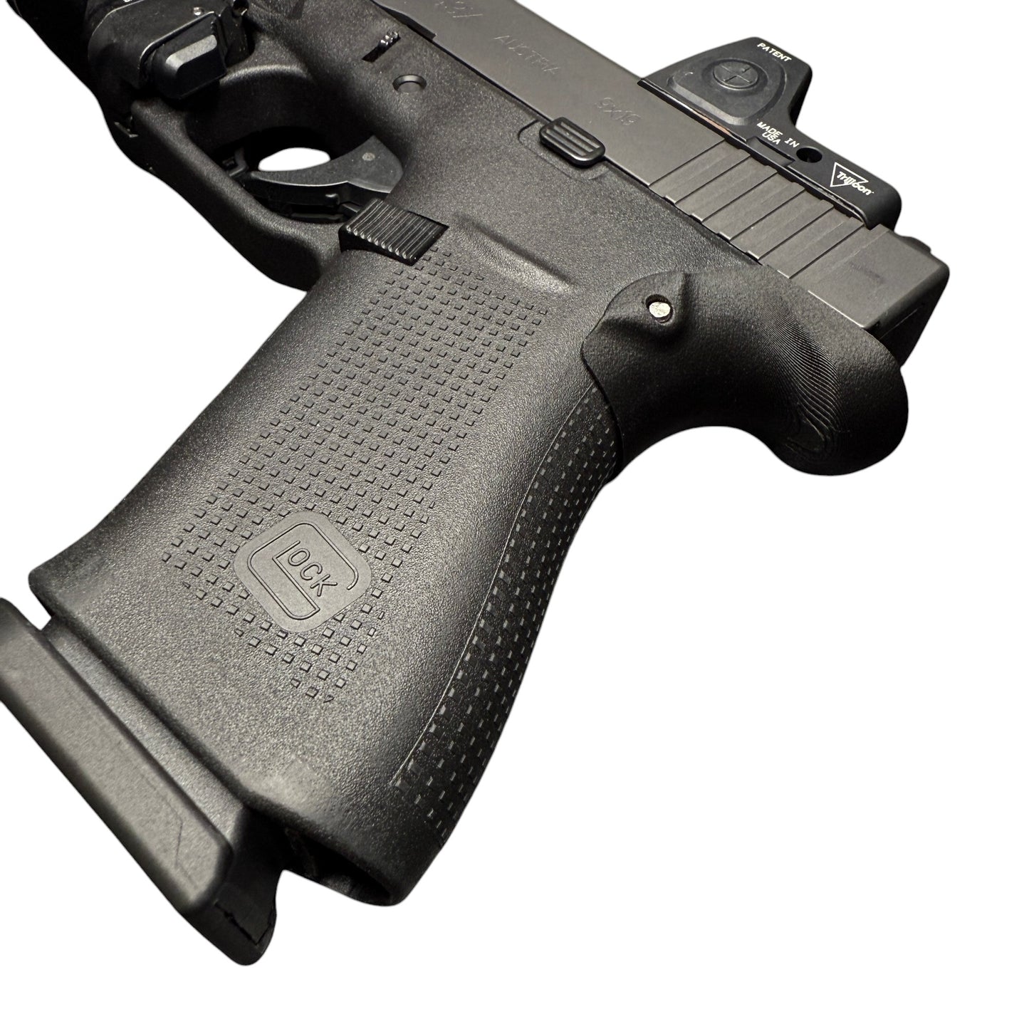 Rapid Engineering Inc. chopped backstrap beavertail grip for Glock 43X & 48, angled view showing beavertail that eliminates slide bite.