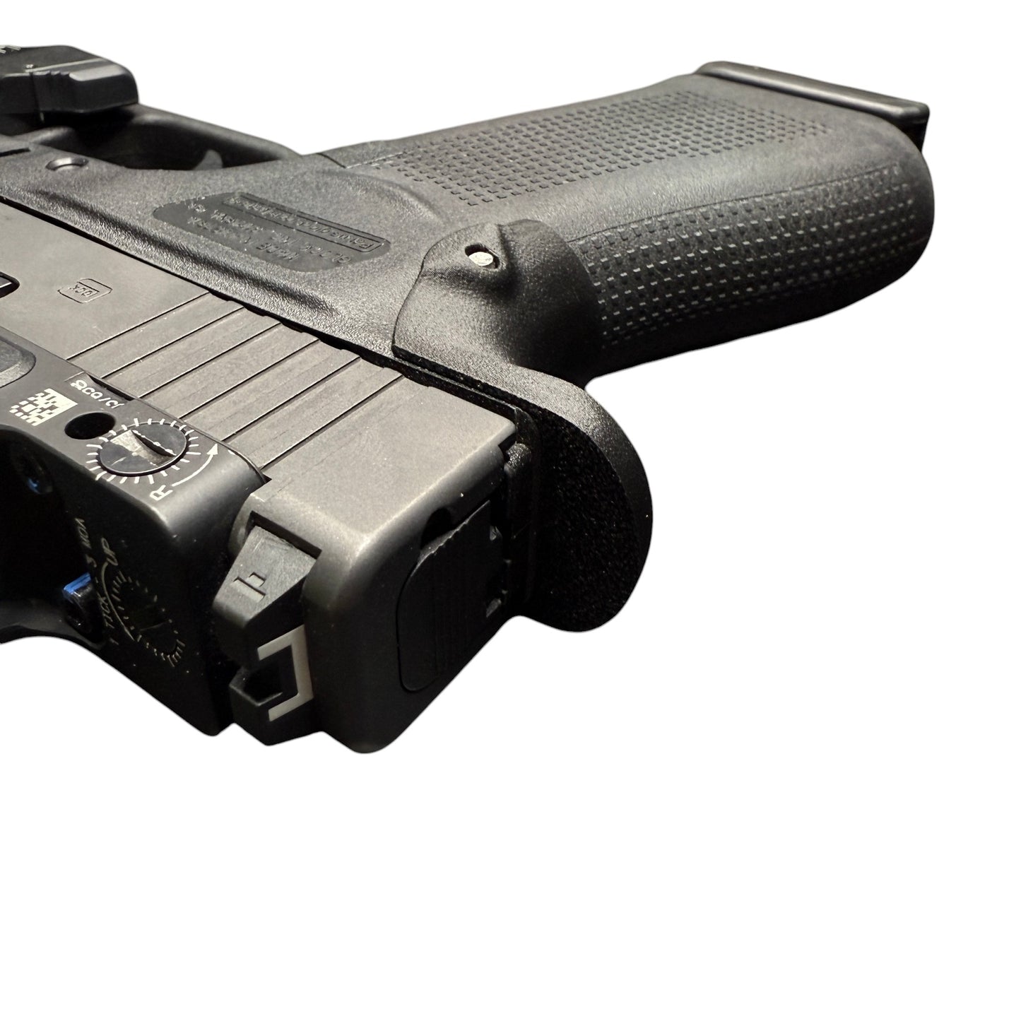 Rapid Engineering Inc. chopped backstrap beavertail grip for Glock 43X & 48, top view showing beavertail that eliminates slide bite.