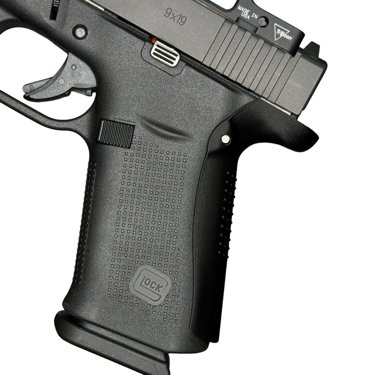 Rapid Engineering Inc. large backstrap beavertail grip for Glock 43X & 48, side view showing improved grip angle for better control