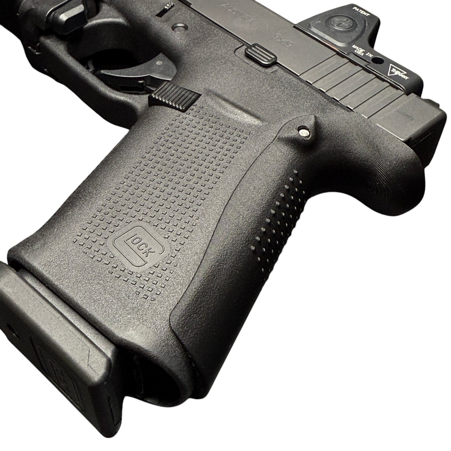Rapid Engineering Inc. large backstrap beavertail grip for Glock 43X & 48, angled view showing improved grip angle for better control