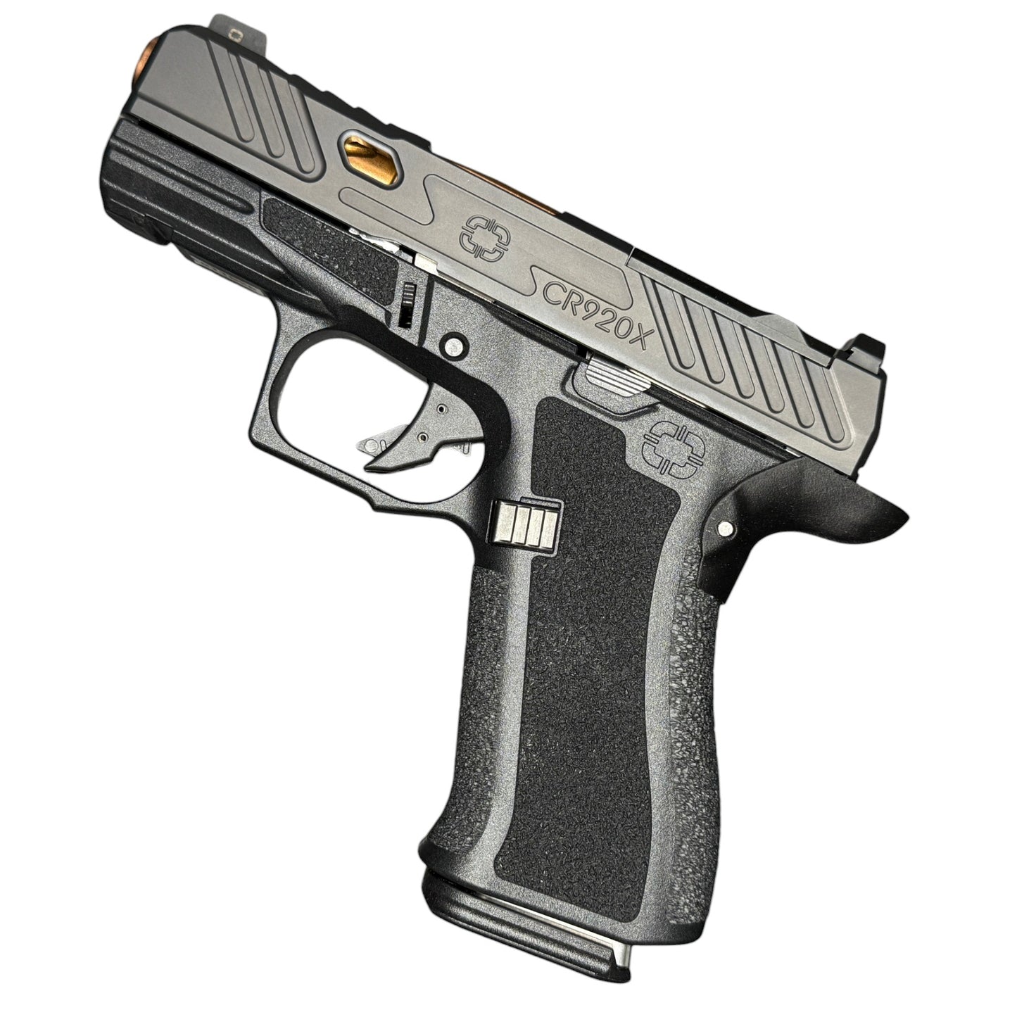 Rapid Engineering Inc. chopped backstrap beavertail grip for Shadow Systems CR920X, full side view showing improved grip angle for enhanced control.