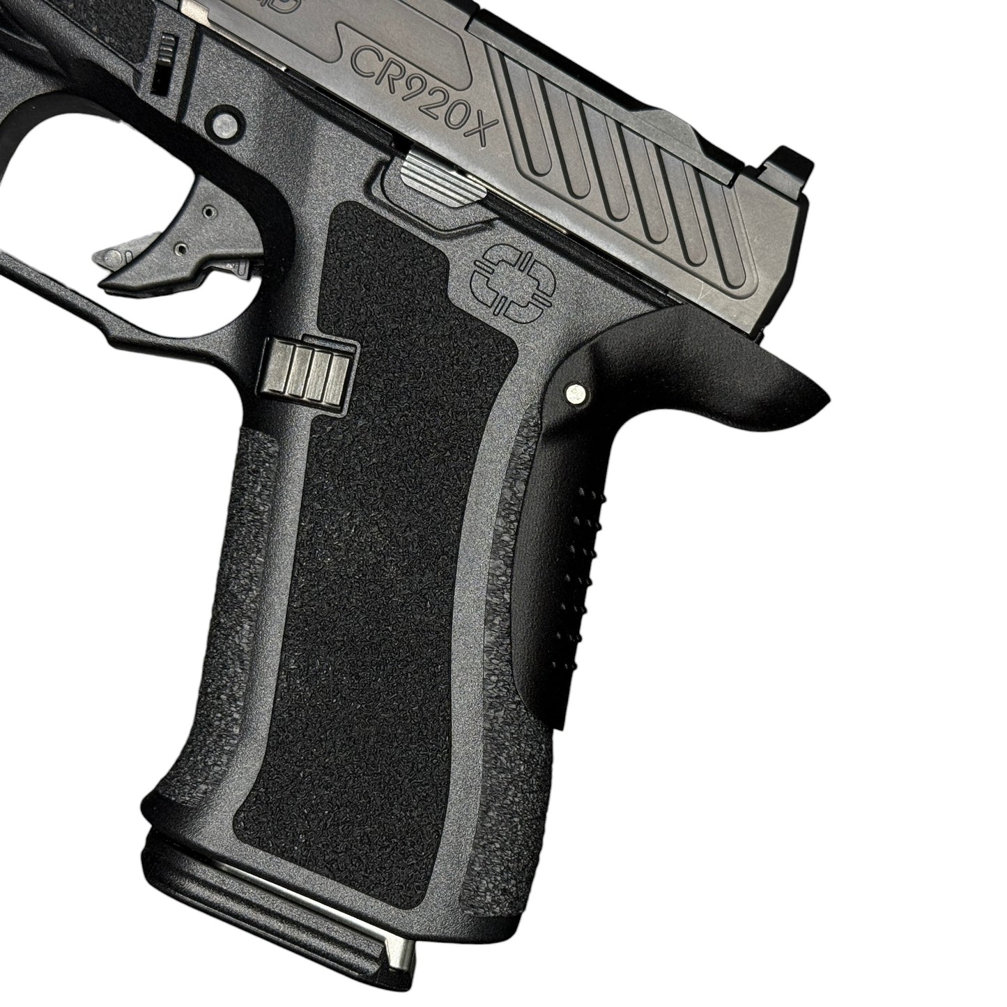 Rapid Engineering Inc. small backstrap beavertail grip for Shadow Systems CR920X, side view showing improved grip angle for enhanced control.