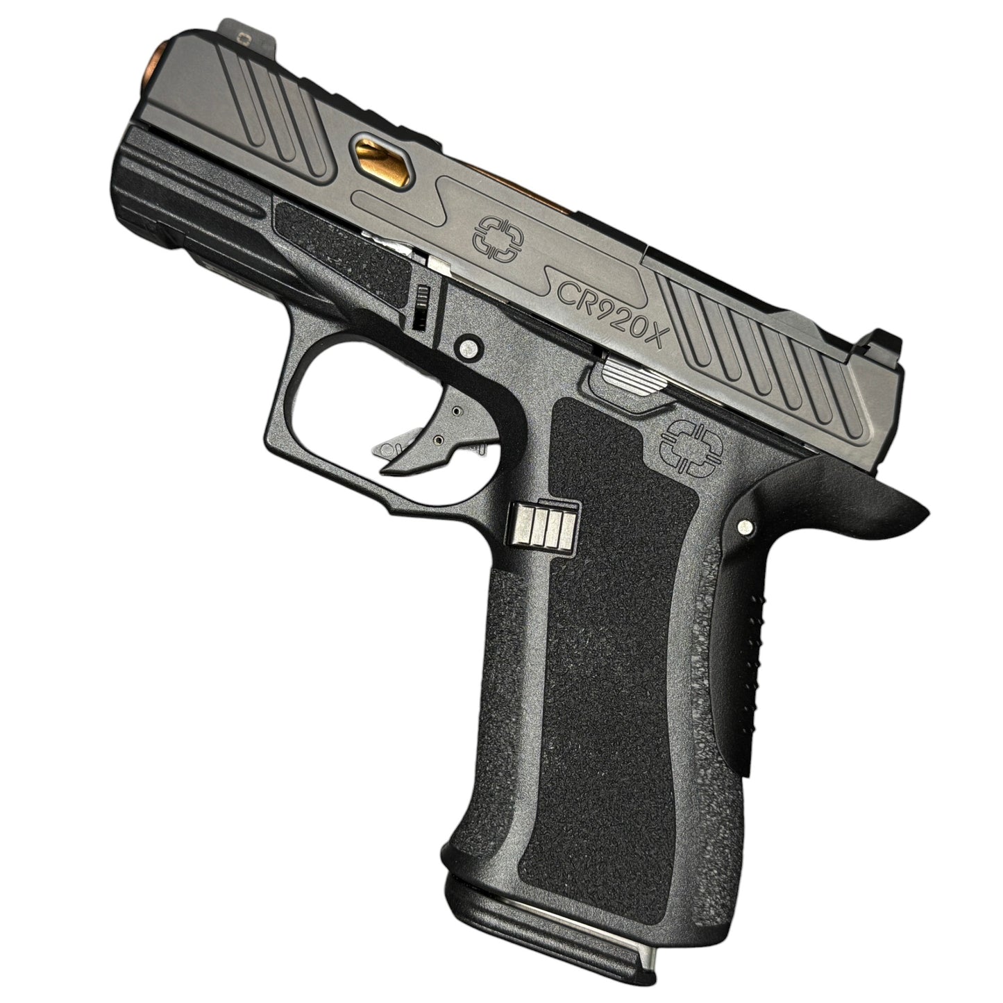 Rapid Engineering Inc. small backstrap beavertail grip for Shadow Systems CR920X, full side view showing improved grip angle for enhanced control.