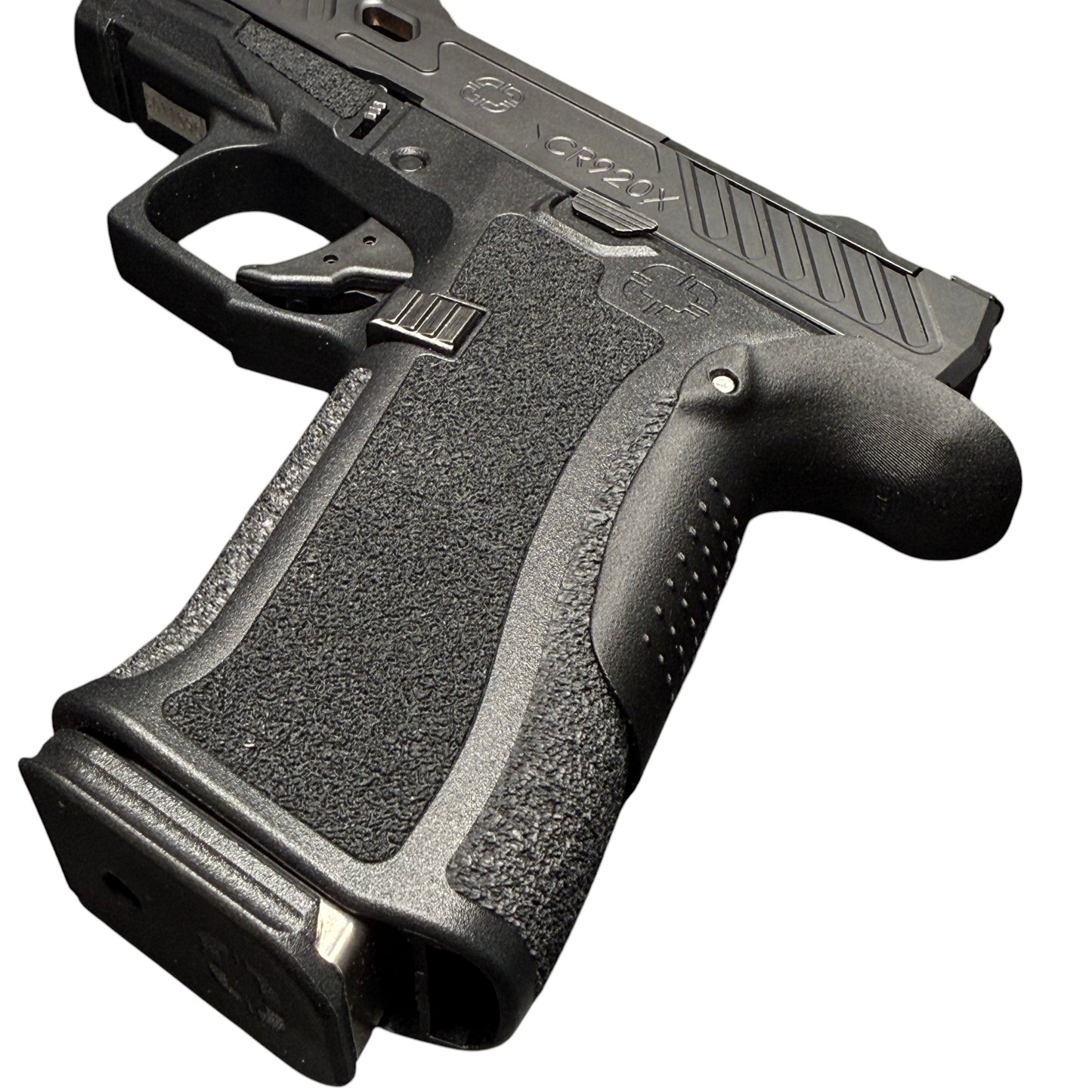 Rapid Engineering Inc. small backstrap beavertail grip for Shadow Systems CR920X, angled view showing improved grip angle for enhanced control.