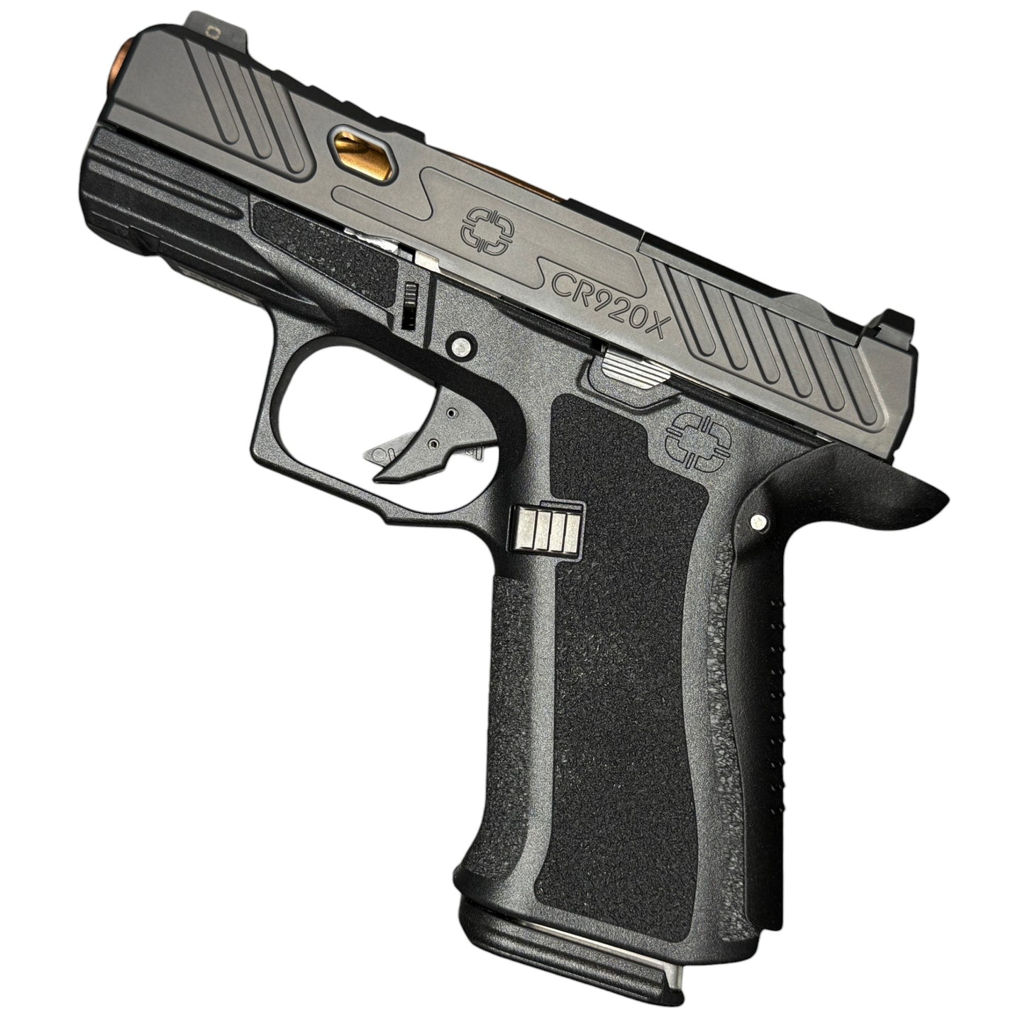 Rapid Engineering Inc. large backstrap beavertail grip for Shadow Systems CR920X, full side view showing improved grip angle for enhanced control.