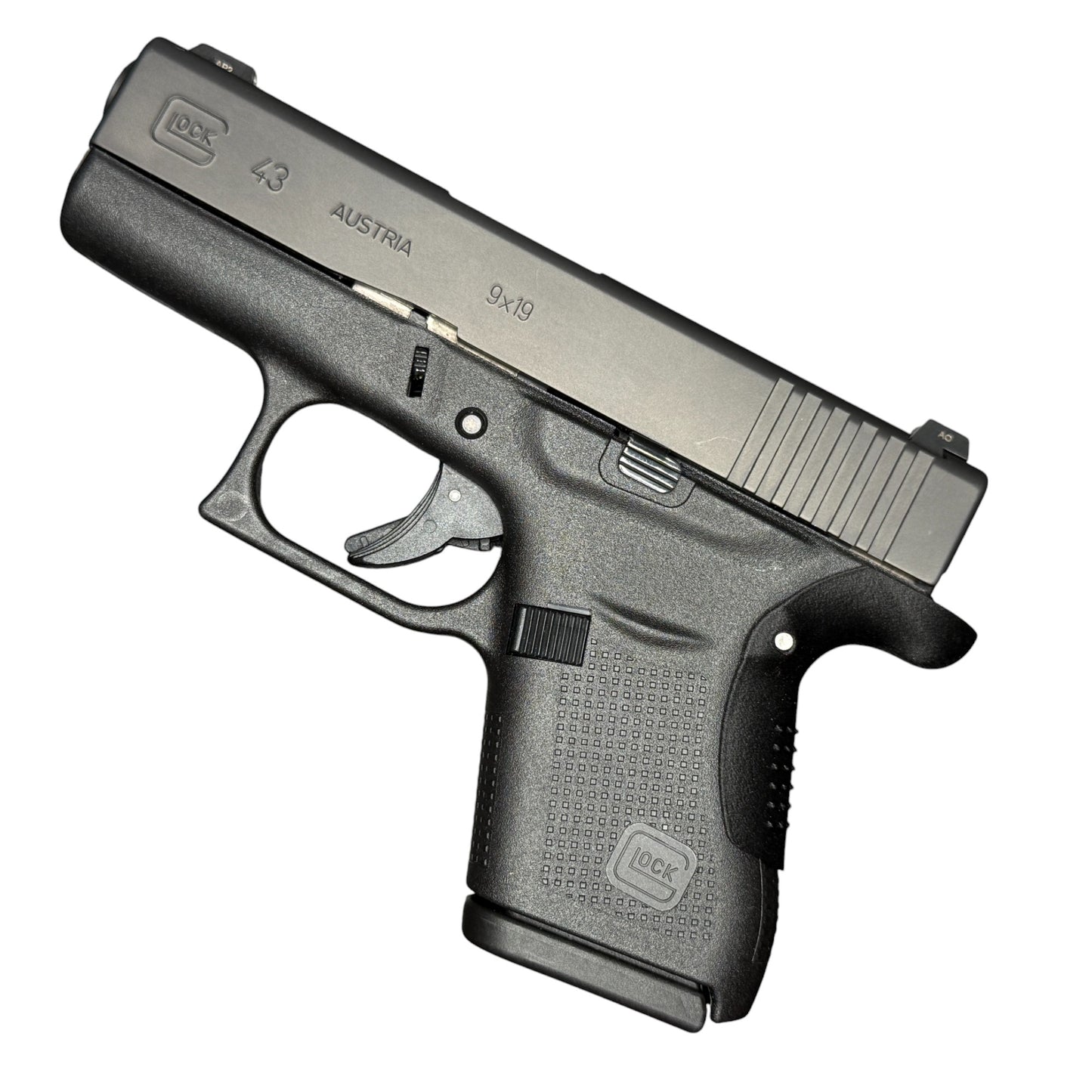 Rapid Engineering Inc. backstrap beavertail grip for Glock 43 full view showing improved grip angle for better control