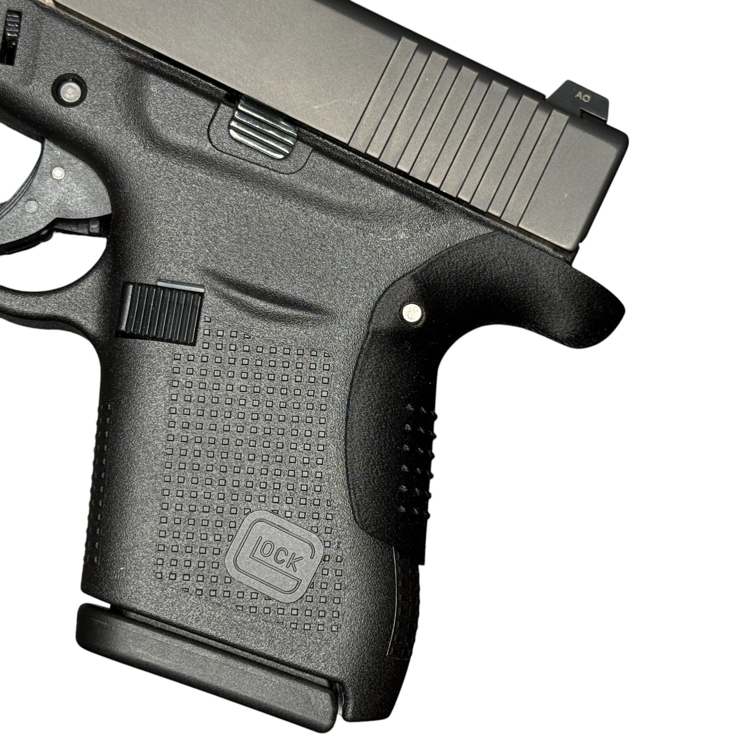 Rapid Engineering Inc. backstrap beavertail grip for Glock 43, side view showing improved grip angle for better control