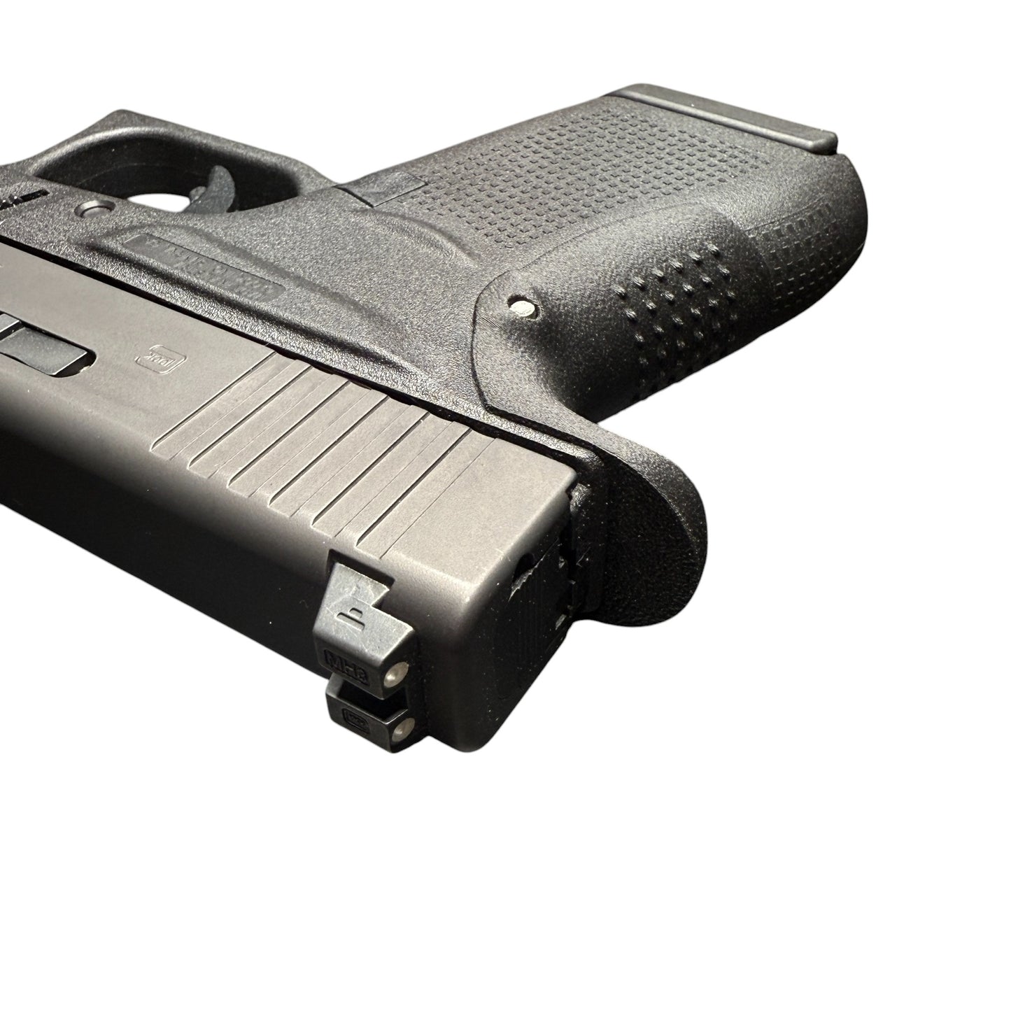 Rapid Engineering Inc. backstrap beavertail grip for Glock 43, top view showing beavertail that eliminates slide bite.