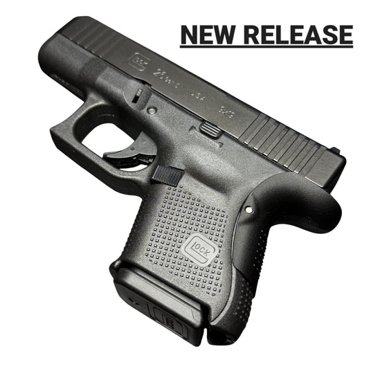 Rapid Engineering Inc. backstrap beavertail grips for Glock 26 Gen 4/5, angled view showing improved grip angle for enhanced control. New Release