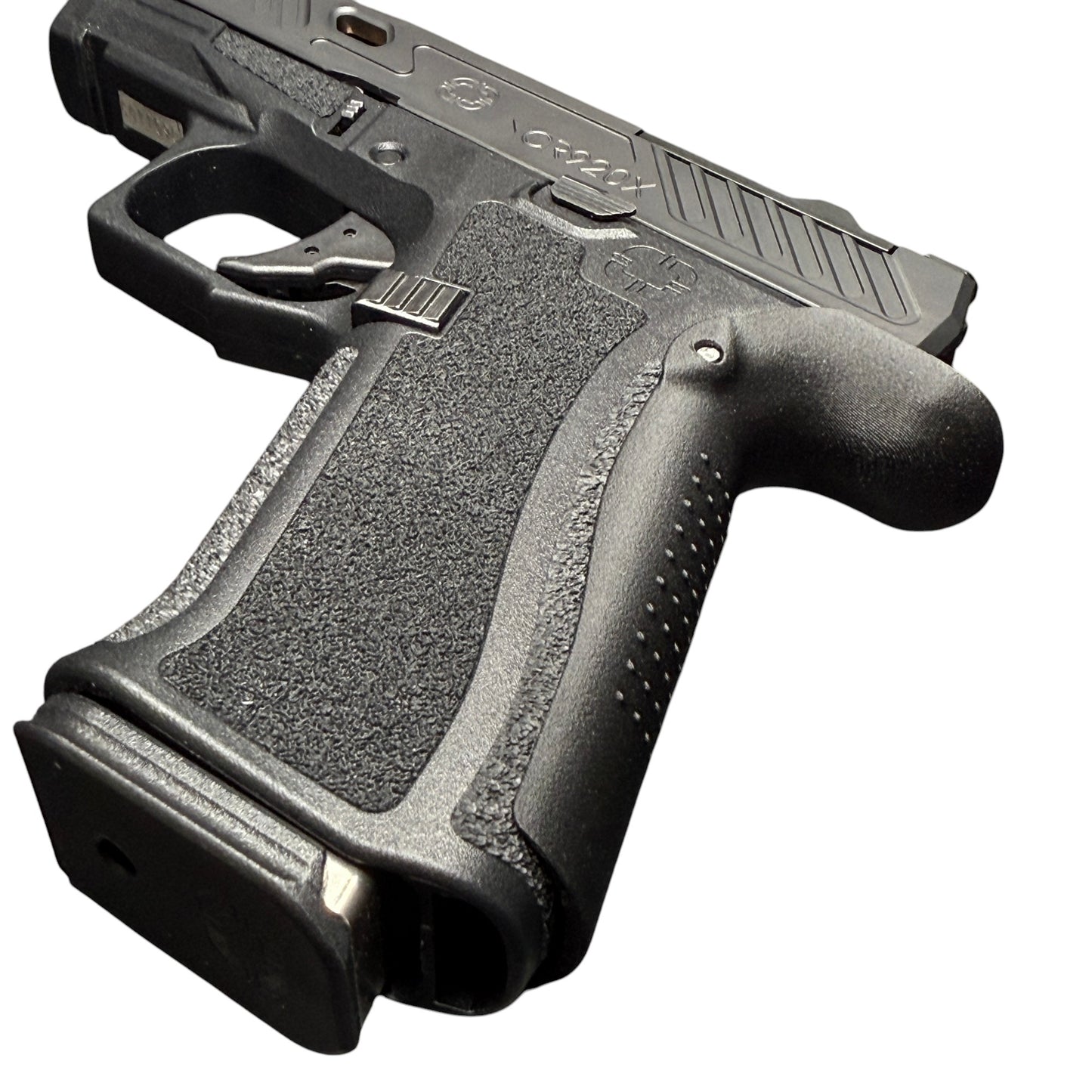 Rapid Engineering Inc. large backstrap beavertail grip for Shadow Systems CR920X, angled view showing improved grip angle for enhanced control.