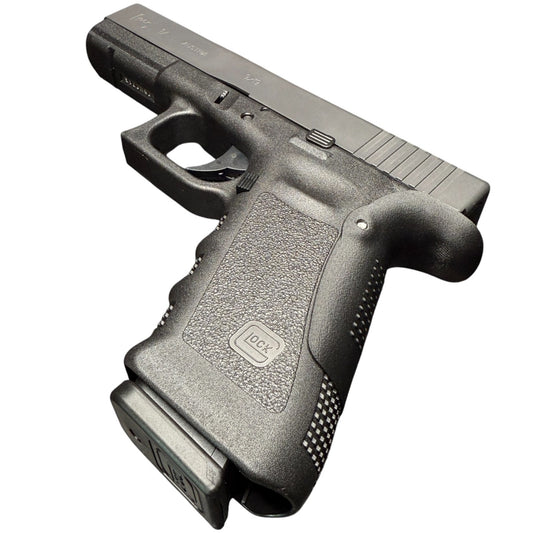 Rapid Engineering Inc. backstrap beavertail grips for Glock 17 Gen 3, angled view showing improved grip angle for enhanced control.