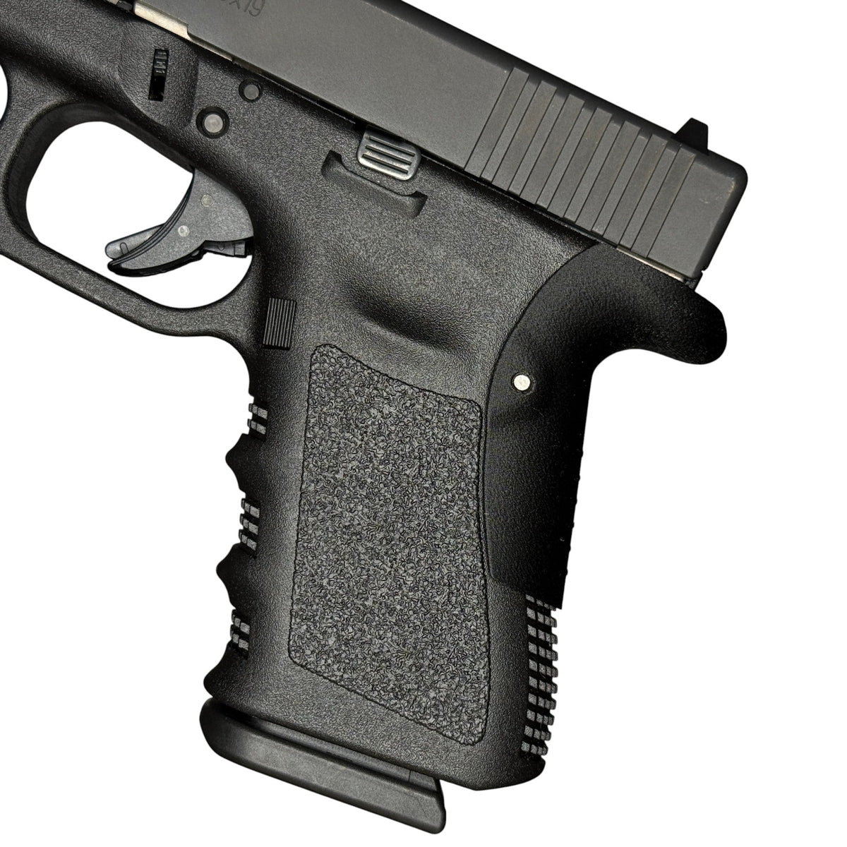 Rapid Engineering Inc. backstrap beavertail grips for Glock 19 Gen 3, close view showing backstrap and angle change