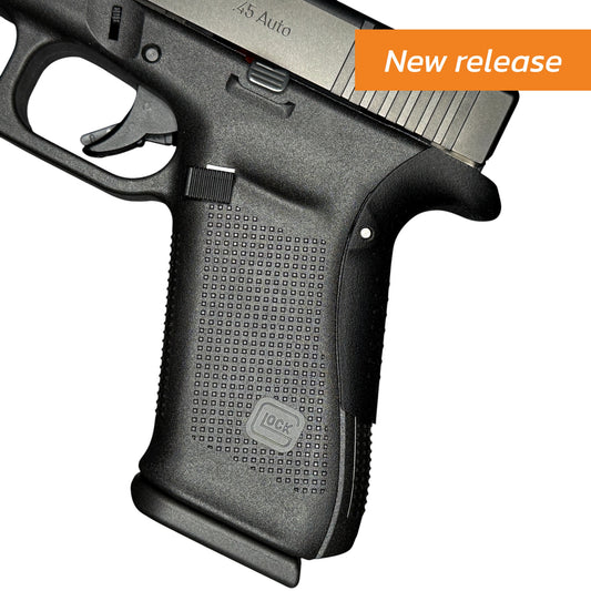 Rapid Engineering Inc. backstrap beavertail grips for Glock 21 Gen 4&5, side view showing improved grip angle with new release tag