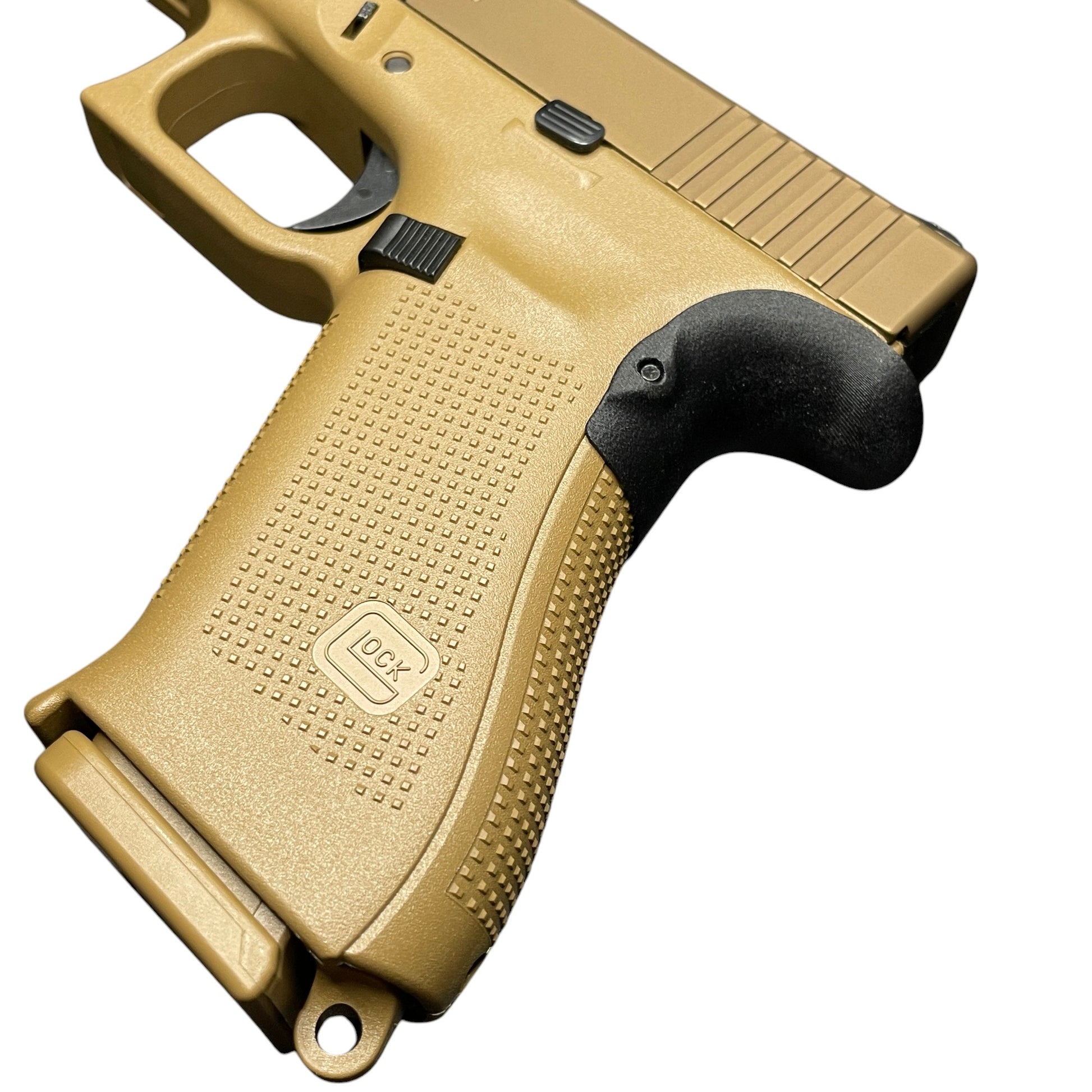 Rapid Engineering Inc. chopped backstrap beavertail grip for Glock 19X, 17 Gen 4 & 5, angled view showing enhanced grip angle for improved control.