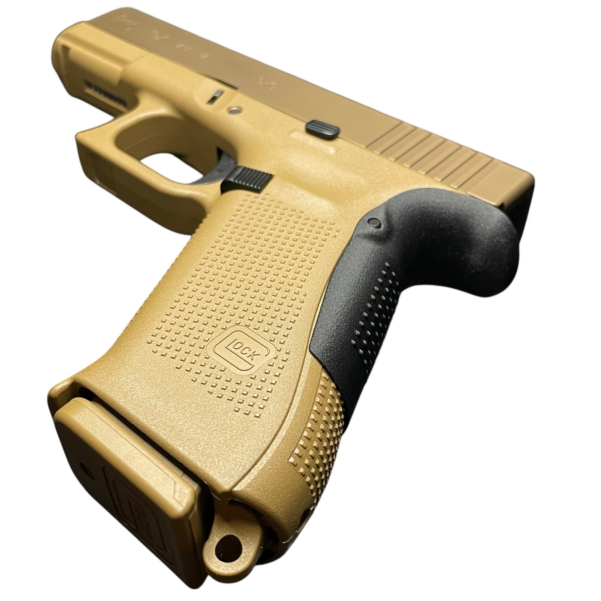 Rapid Engineering Inc. large backstrap beavertail grip for Glock 19X, 17 Gen 4 & 5, angled view showing enhanced grip angle for improved control.