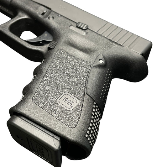 Rapid Engineering Inc. backstrap beavertail grips for Glock 19 Gen 3, angled view showing improved grip angle for enhanced control.