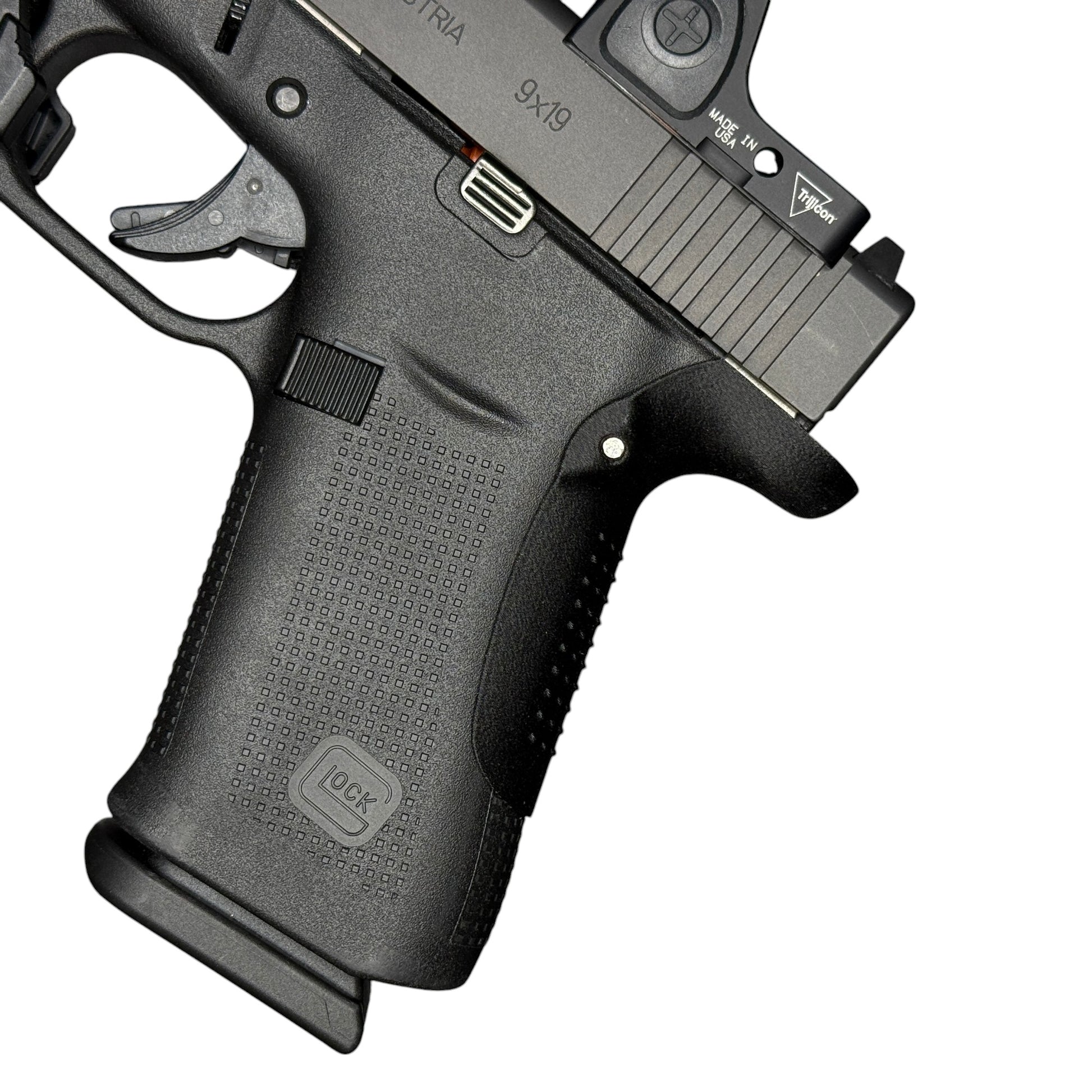 Rapid Engineering Inc. small backstrap beavertail grip for Glock 43X & 48, side view showing improved grip angle for better control