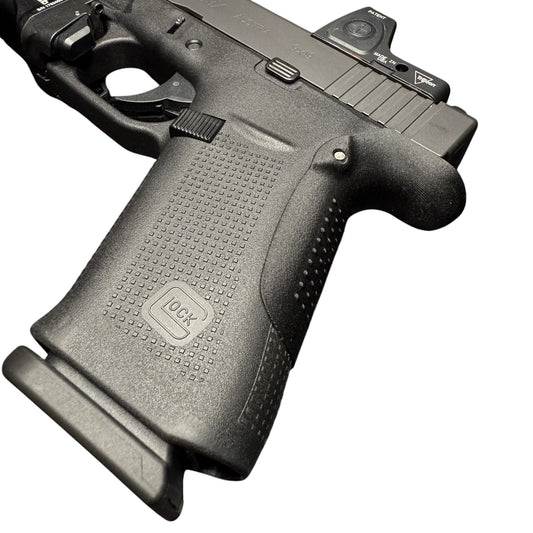 Rapid Engineering Inc. small backstrap beavertail grip for Glock 43X & 48, angled view showing improved grip angle for better control