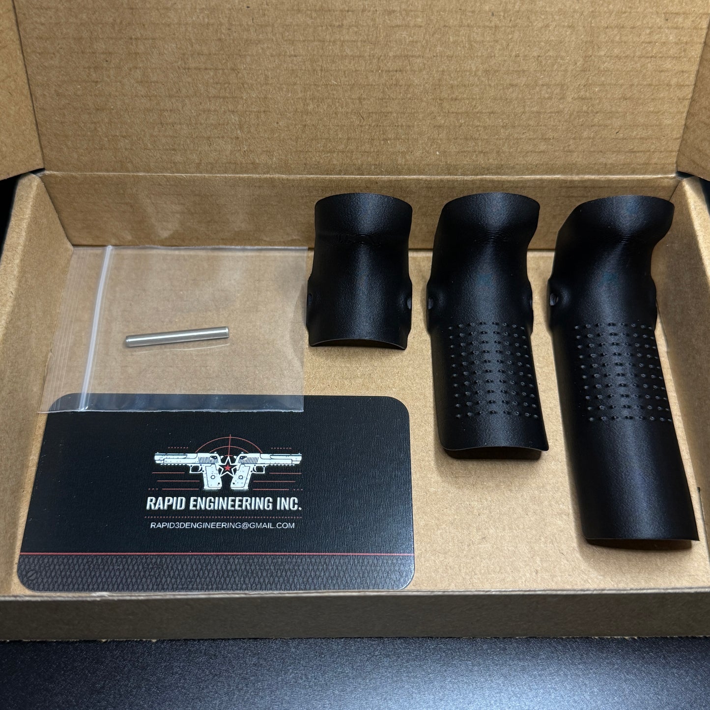 Rapid Engineering Inc. small, large & chopped backstrap beavertail grip for Glock 43X & 48, detailed view showing parts in packaging.