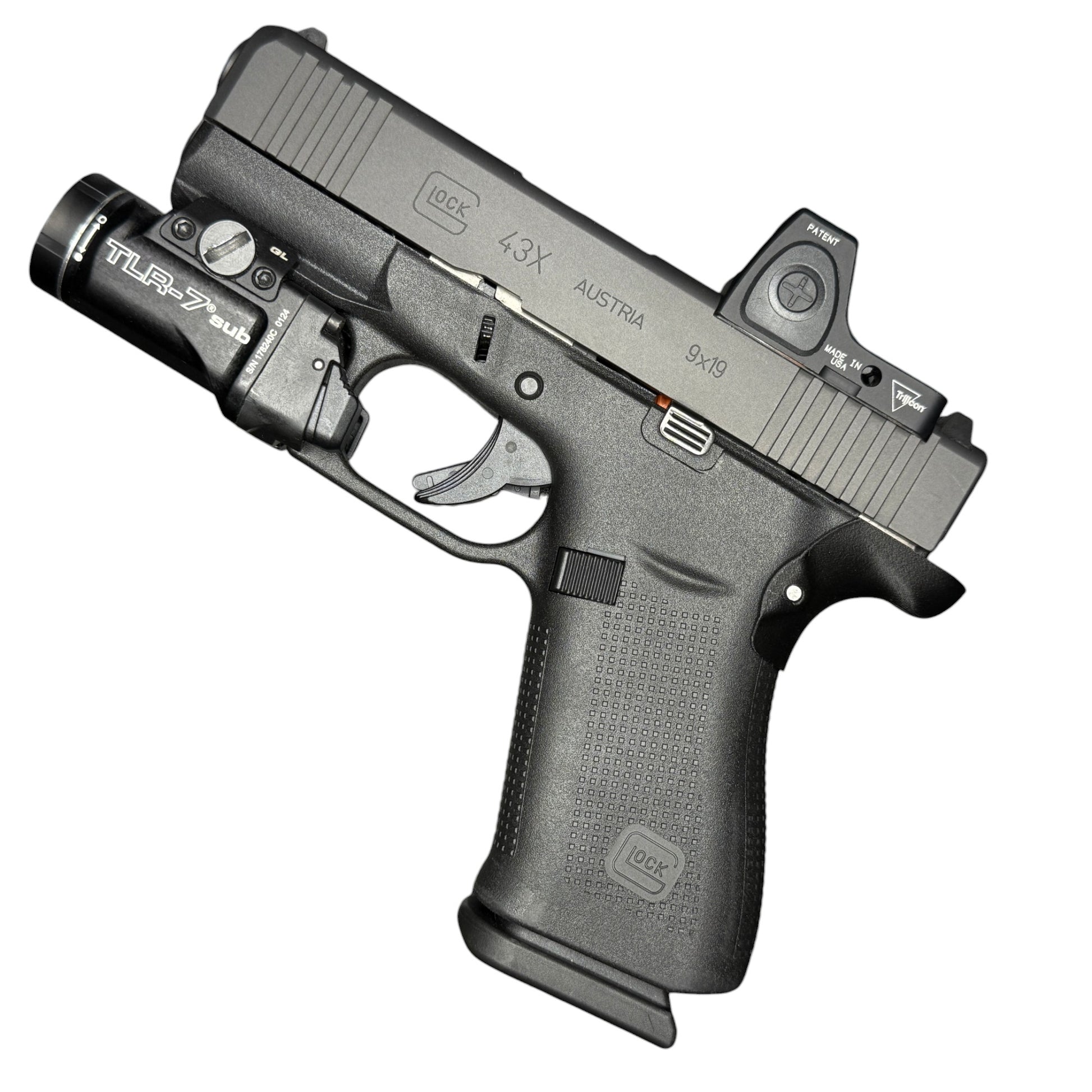 Rapid Engineering Inc. chopped backstrap beavertail grip for Glock 43X & 48, full view showing beavertail that eliminates slide bite.