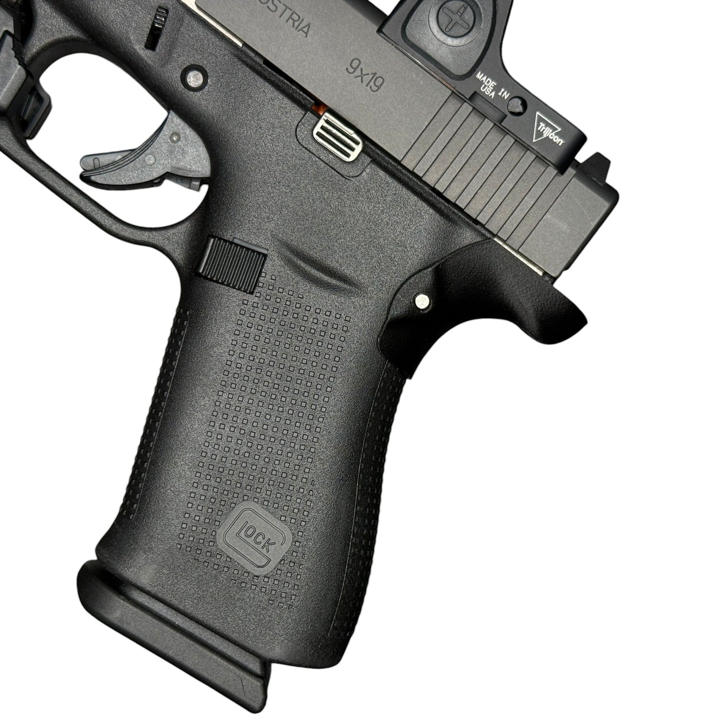 Rapid Engineering Inc. chopped backstrap beavertail grip for Glock 43X & 48, side view showing improved grip angle for better control