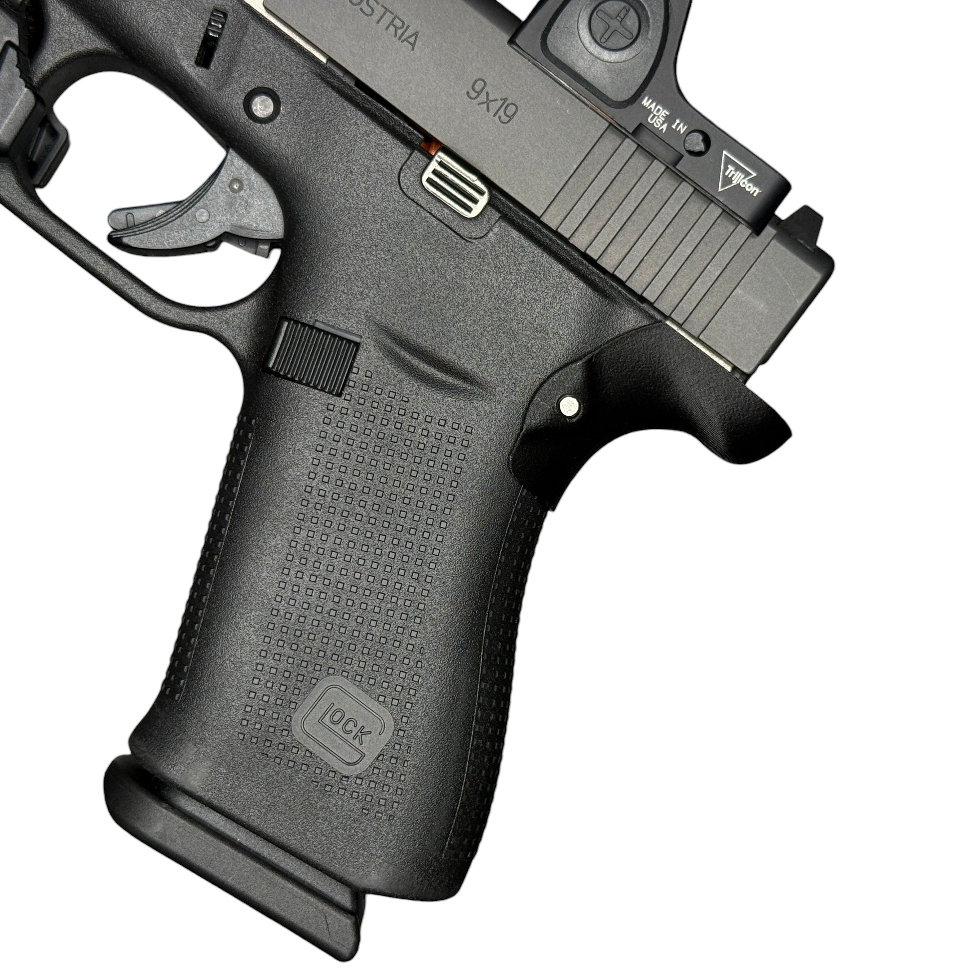 Rapid Engineering Inc. chopped backstrap beavertail grip for Glock 43X & 48, side view showing improved grip angle for better control