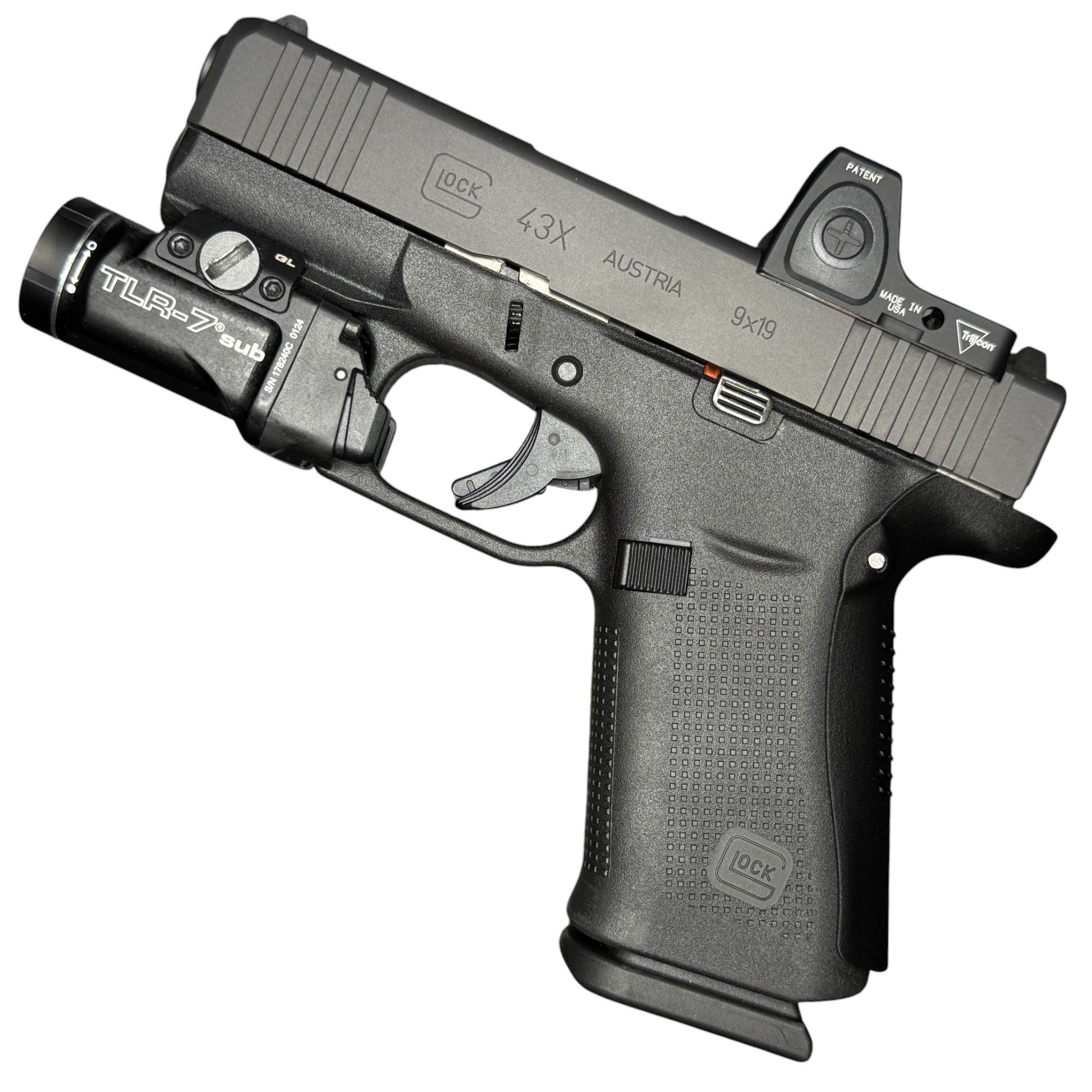 Rapid Engineering Inc. large backstrap beavertail grip for Glock 43X & 48, full view showing beavertail that eliminates slide bite.