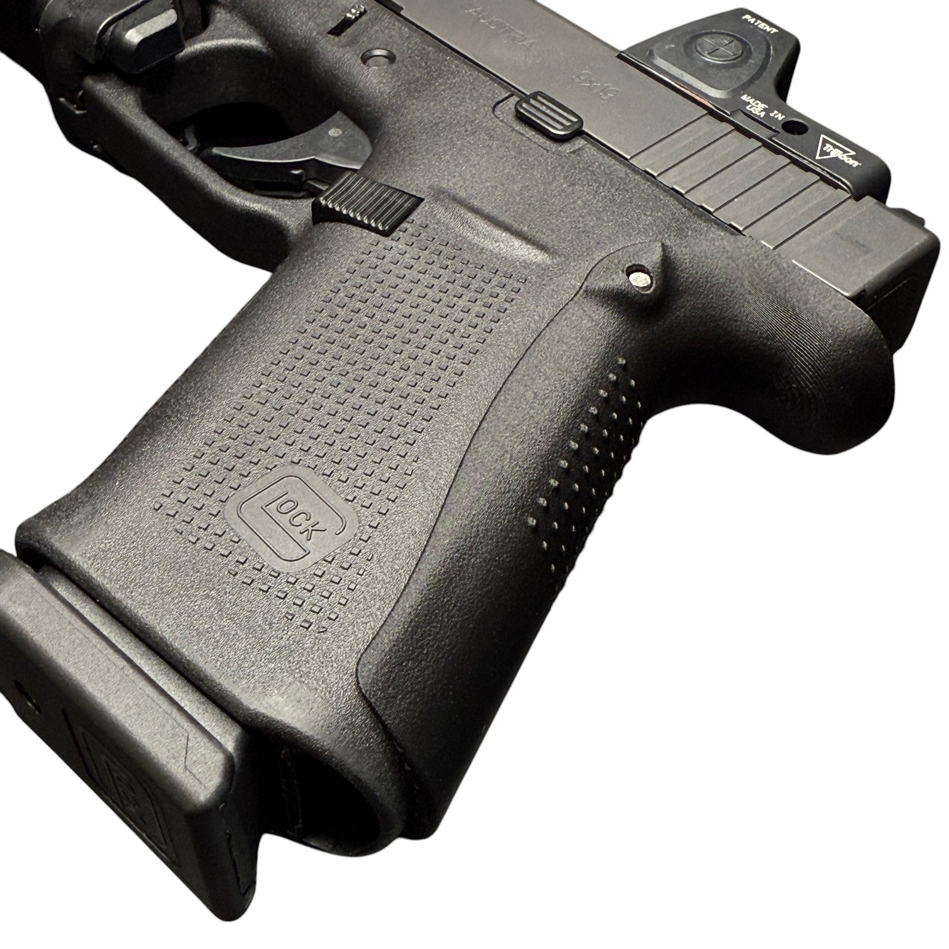 Rapid Engineering Inc. large backstrap beavertail grip for Glock 43X & 48, angled view showing improved grip angle for better control