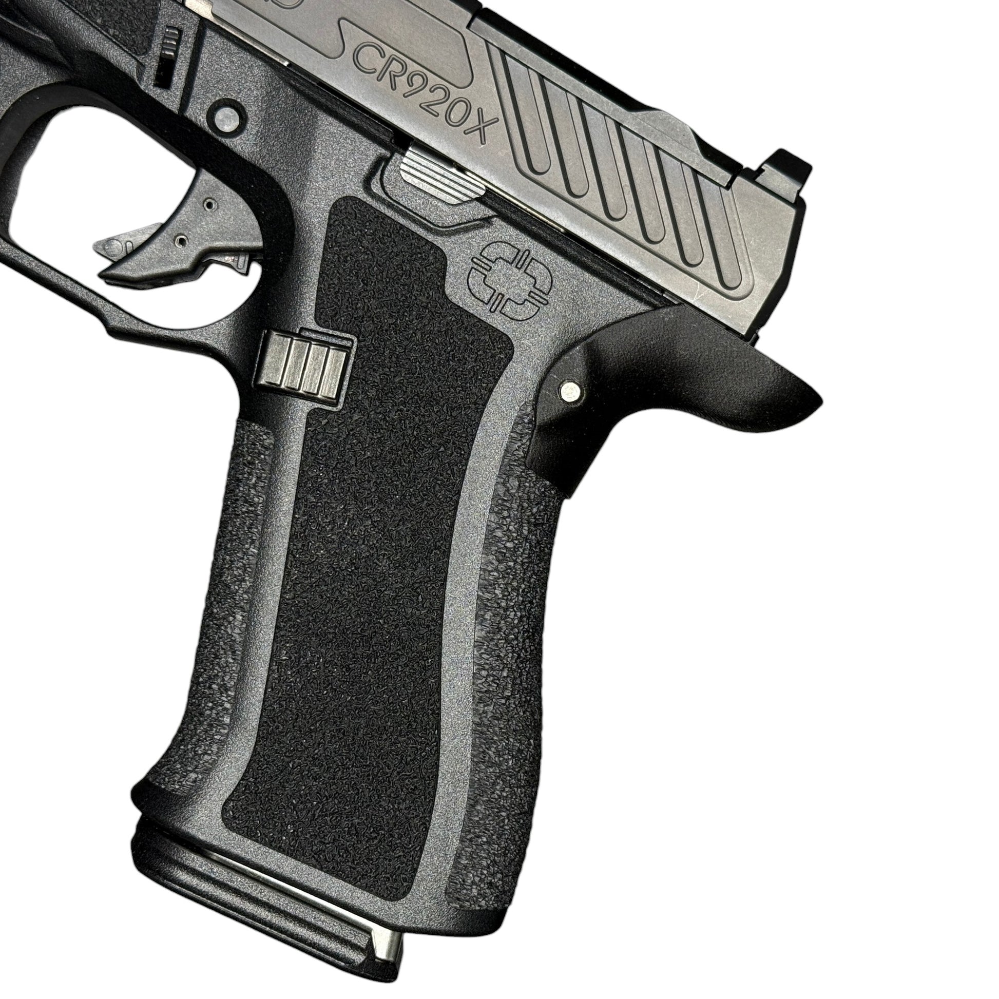 Rapid Engineering Inc. chopped backstrap beavertail grip for Shadow Systems CR920X, side view showing improved grip angle for enhanced control.