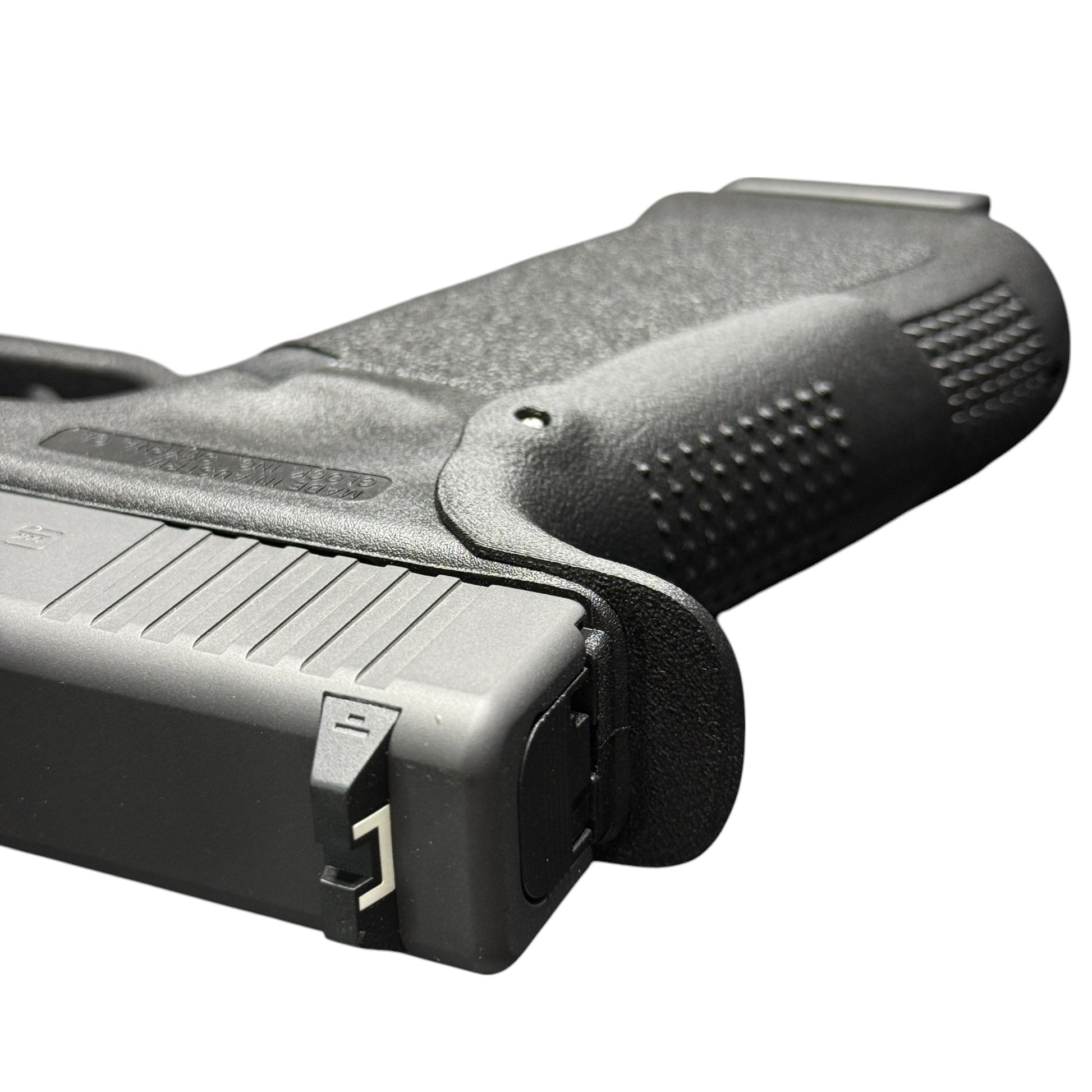 Rapid Engineering Inc. backstrap beavertail grip for Glock 17 Gen 3, top view showing beavertail that eliminates slide bite.