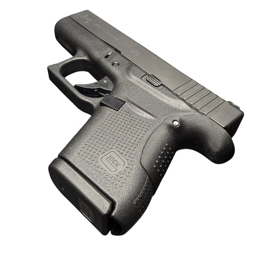 Rapid Engineering Inc. backstrap beavertail grip for Glock 43 angled view showing improved grip angle for better control