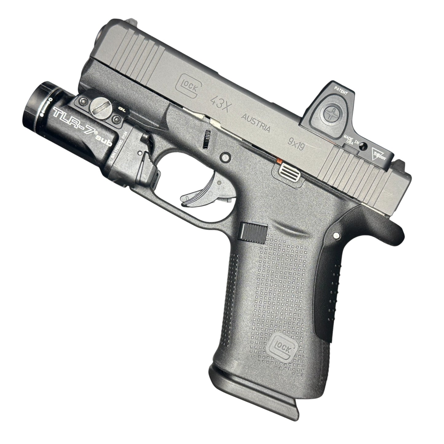 Rapid Engineering Inc. small backstrap beavertail grip for Glock 43X & 48, full view showing improved grip angle for better control