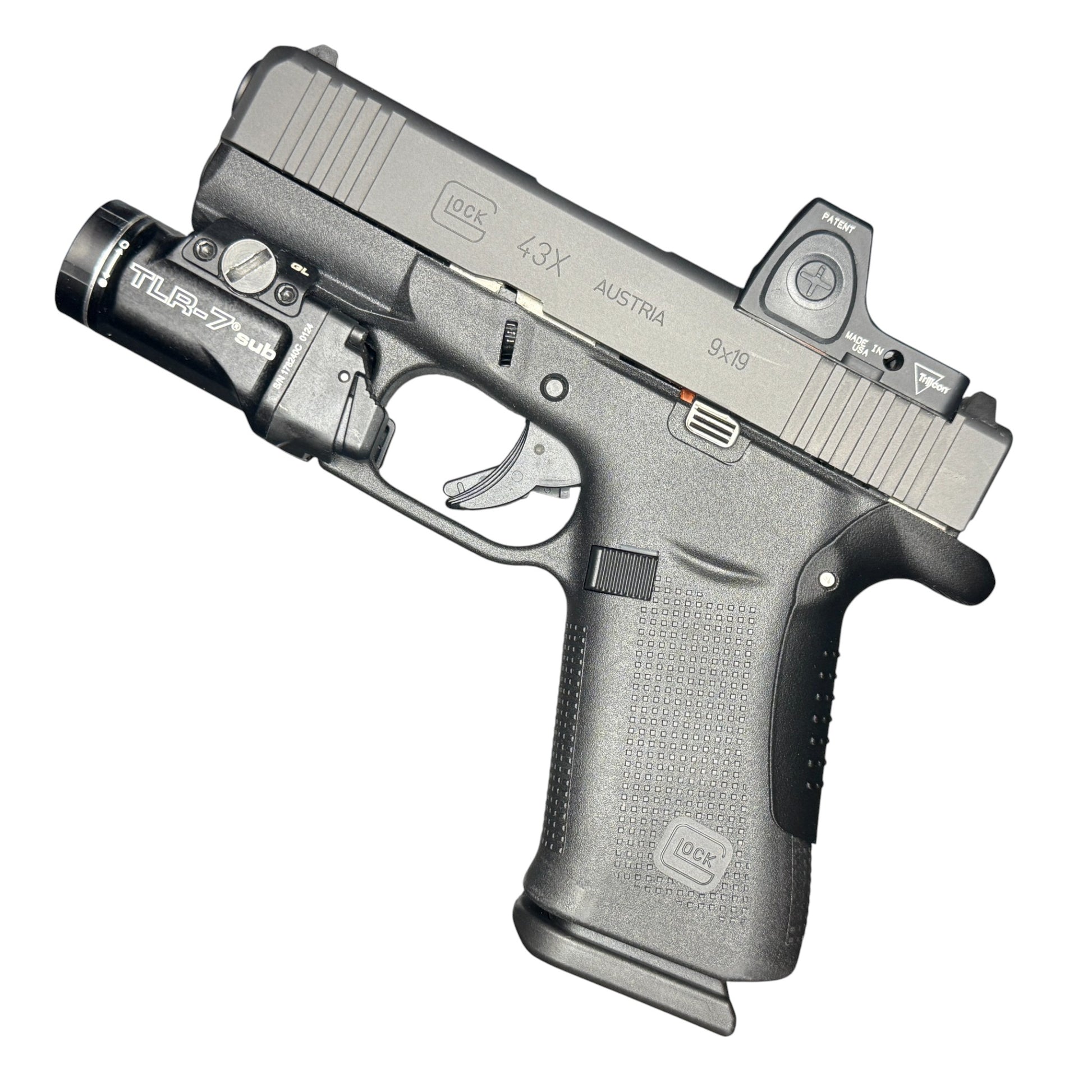Rapid Engineering Inc. small backstrap beavertail grip for Glock 43X & 48, full view showing improved grip angle for better control