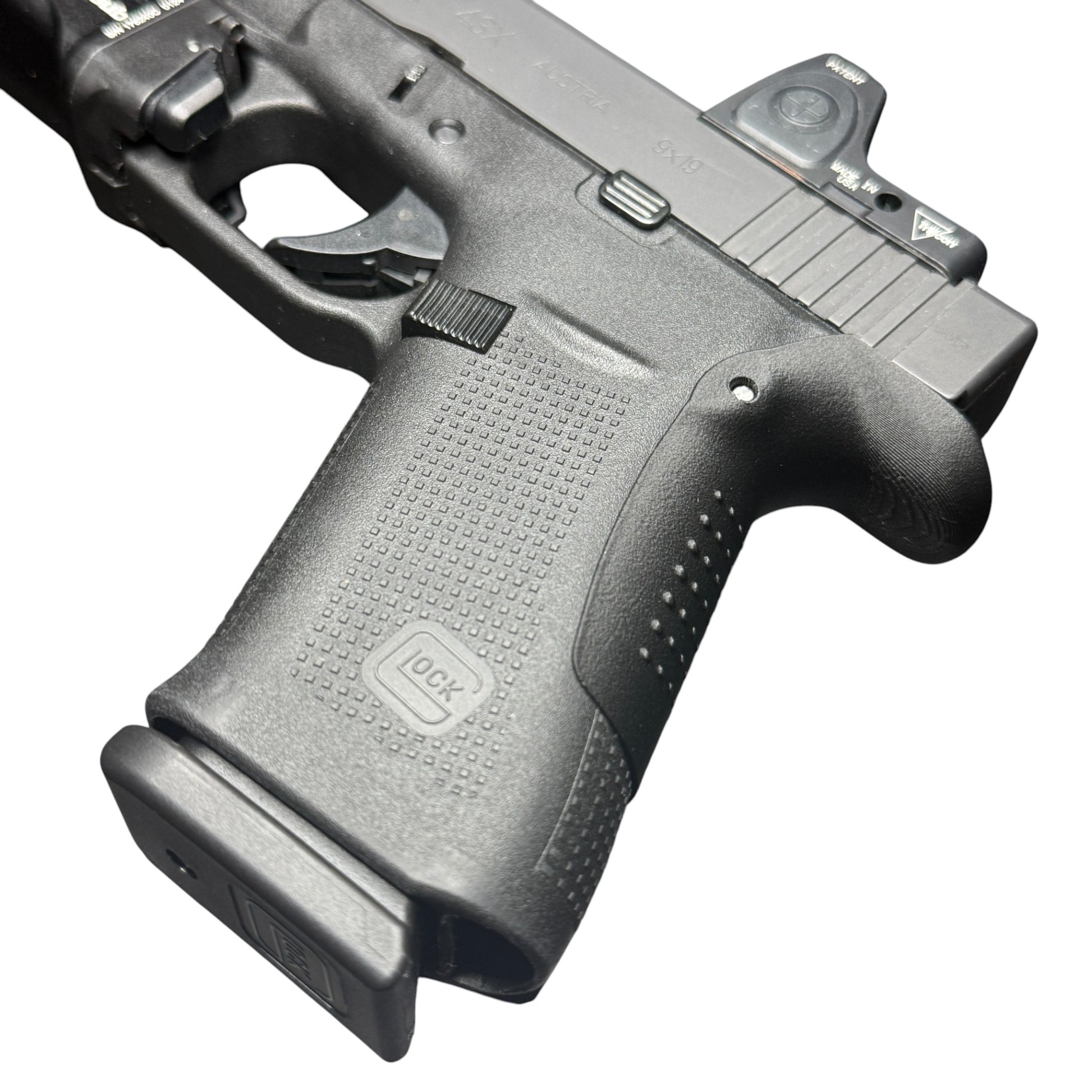 Rapid Engineering Inc. small backstrap beavertail grip for Glock 43X & 48, angled view showing improved grip angle for better control