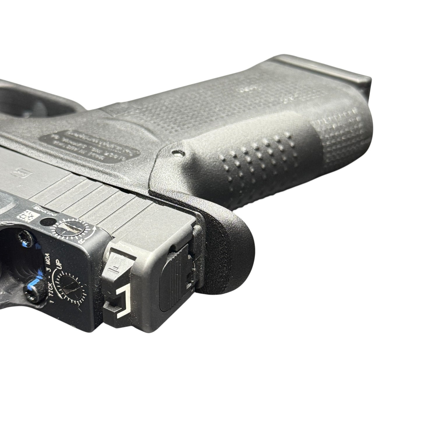 Rapid Engineering Inc. small backstrap beavertail grip for Glock 43X & 48, top view showing beavertail that eliminates slide bite.