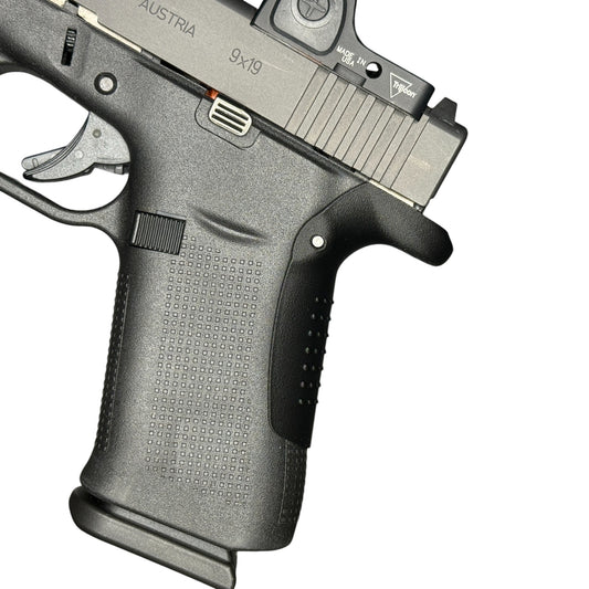 Rapid Engineering Inc. small backstrap beavertail grip for Glock 43X & 48, side view showing improved grip angle for better control