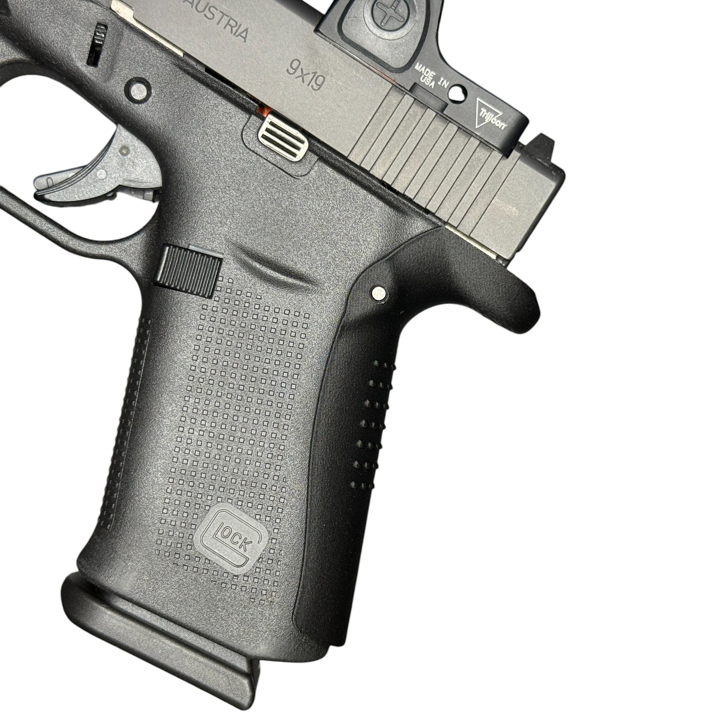 Rapid Engineering Inc. large backstrap beavertail grip for Glock 43X & 48, side view showing improved grip angle for better control
