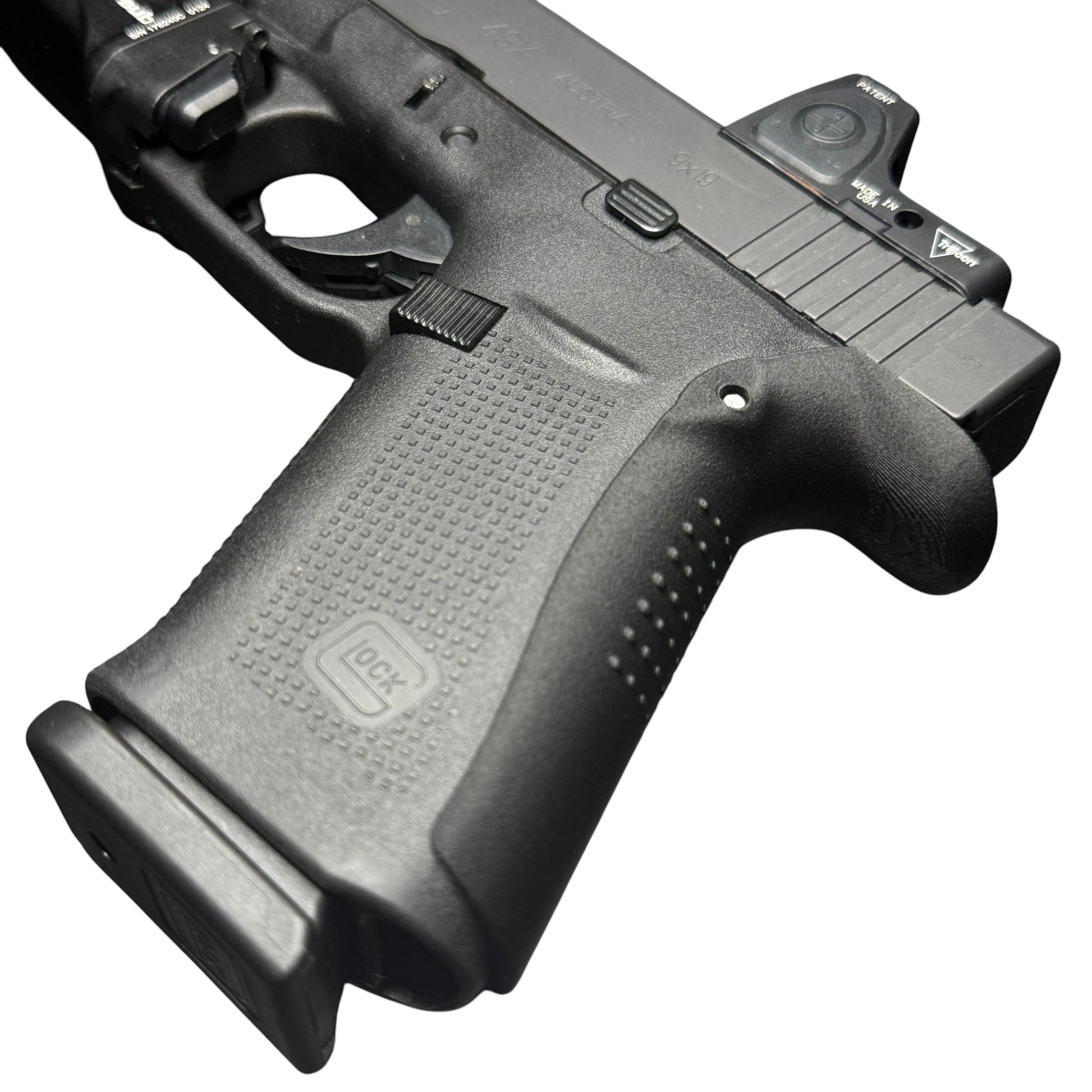Rapid Engineering Inc. large backstrap beavertail grip for Glock 43X & 48, angled view showing improved grip angle for better control