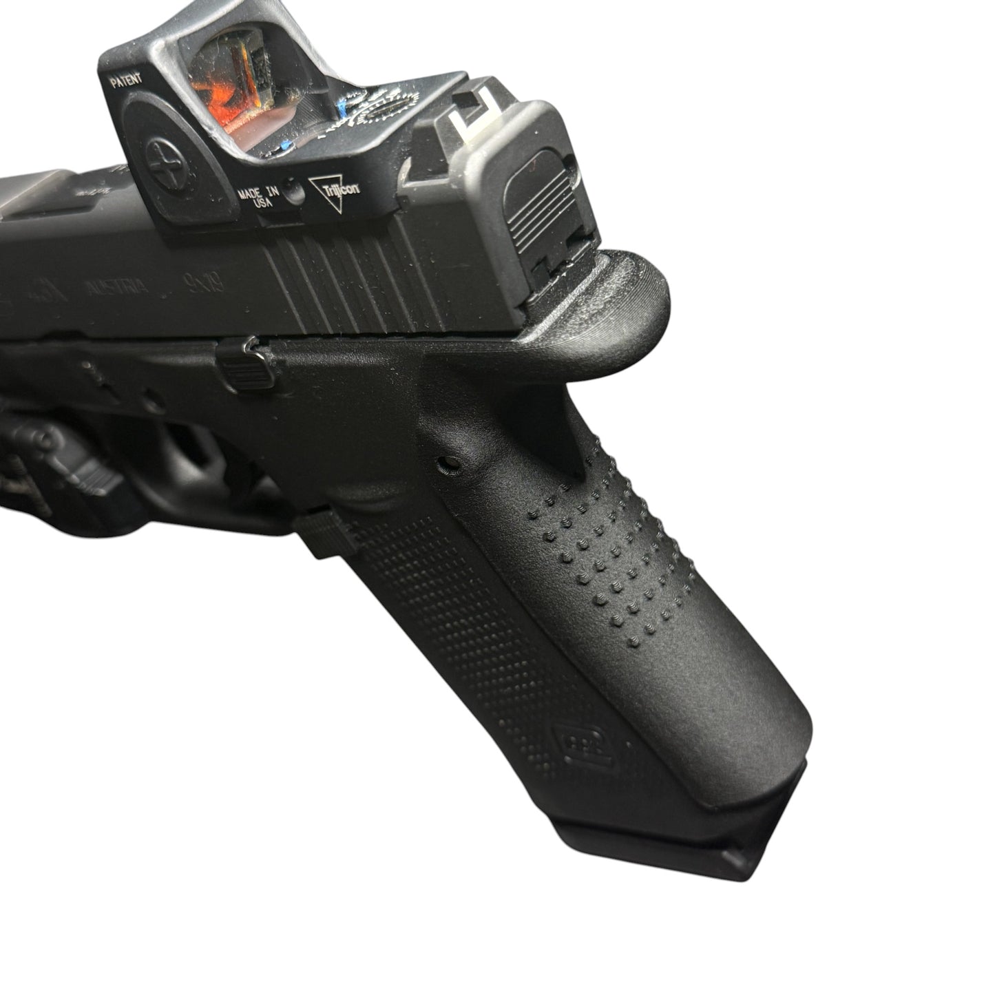Rapid Engineering Inc. large backstrap beavertail grip for Glock 43X & 48, top angle view showing beavertail that eliminates slide bite and rounded edge.